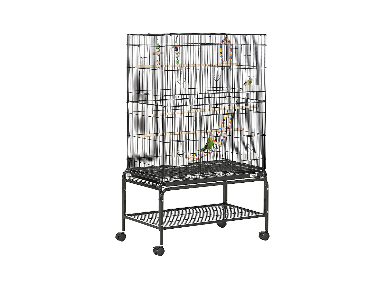 Cage à oiseaux sur roulettes - étagère, plateau déjection, 3 perchoirs, 4 mangeoirs, 2 portes, 8 trappes, accessoires - acier noir