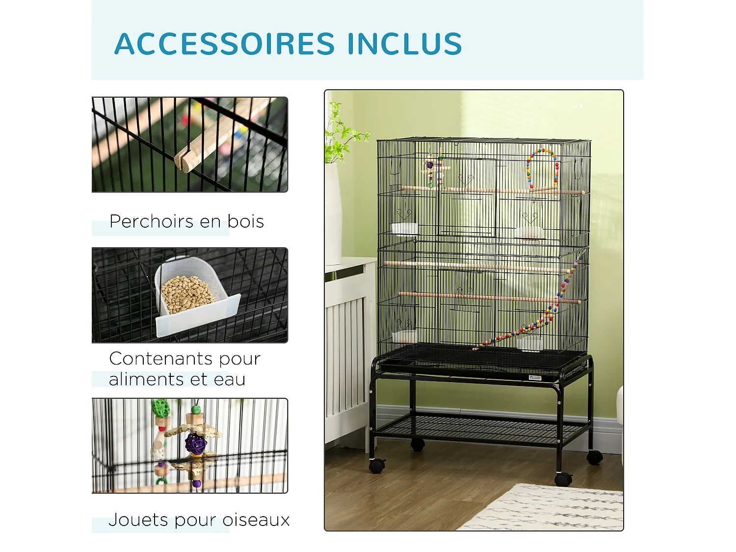 Cage à oiseaux sur roulettes - étagère, plateau déjection, 3 perchoirs, 4 mangeoirs, 2 portes, 8 trappes, accessoires - acier noir