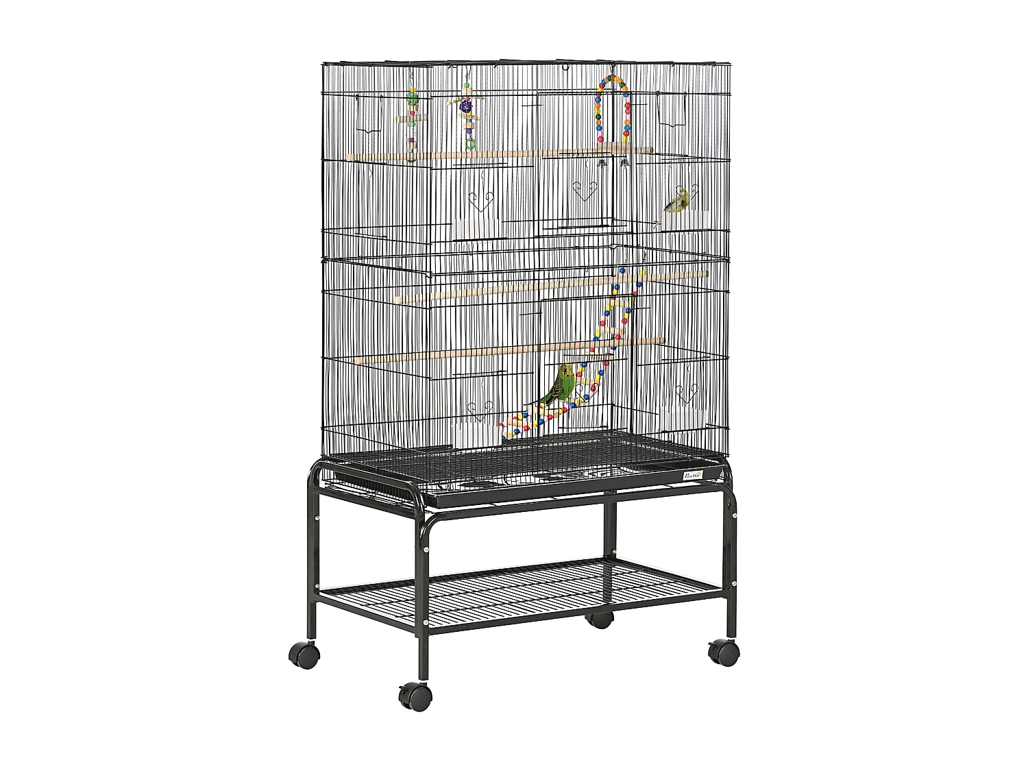 Cage à oiseaux sur roulettes - étagère, plateau déjection, 3 perchoirs, 4 mangeoirs, 2 portes, 8 trappes, accessoires - acier noir