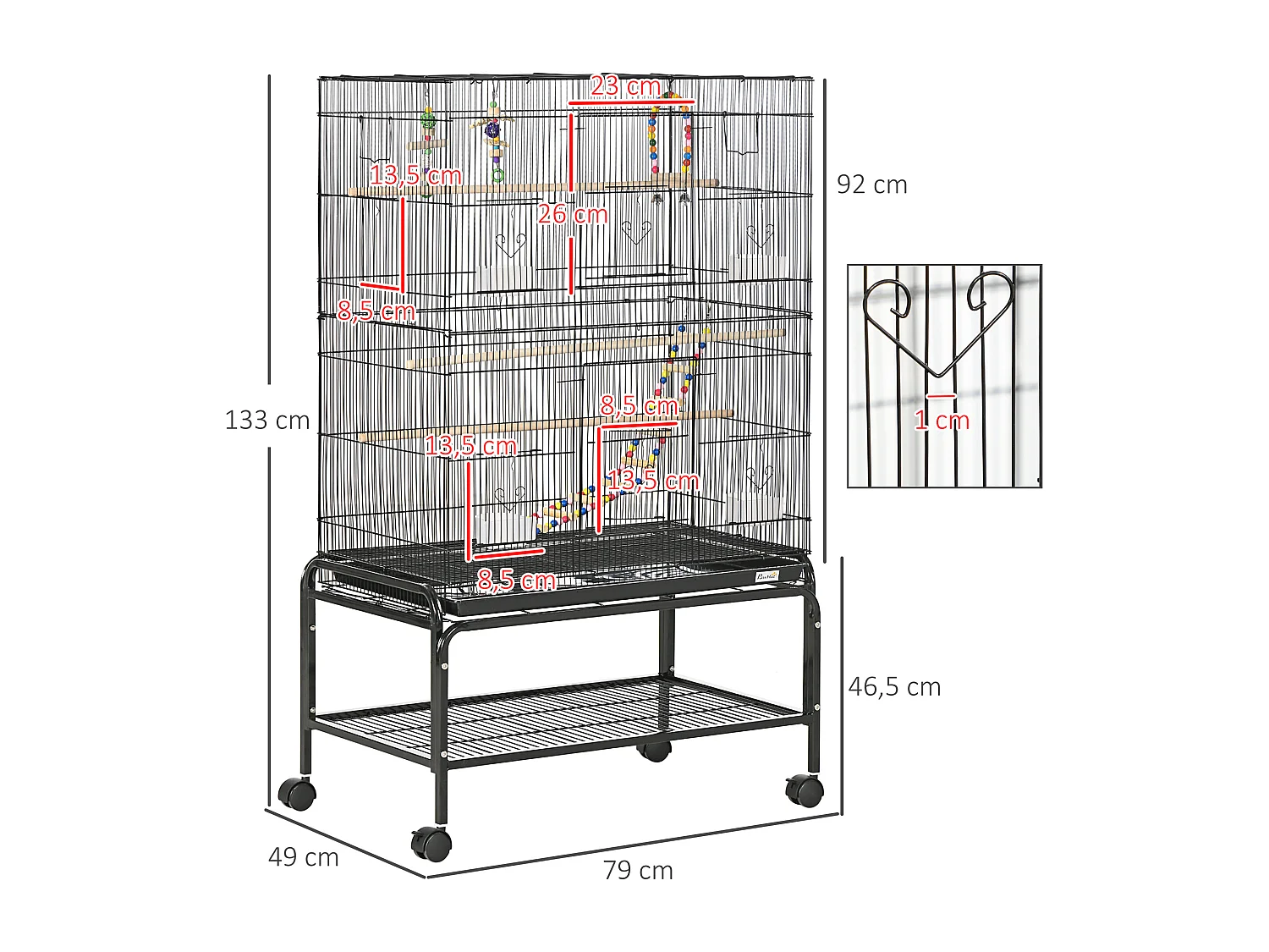 Cage à oiseaux sur roulettes - étagère, plateau déjection, 3 perchoirs, 4 mangeoirs, 2 portes, 8 trappes, accessoires - acier noir