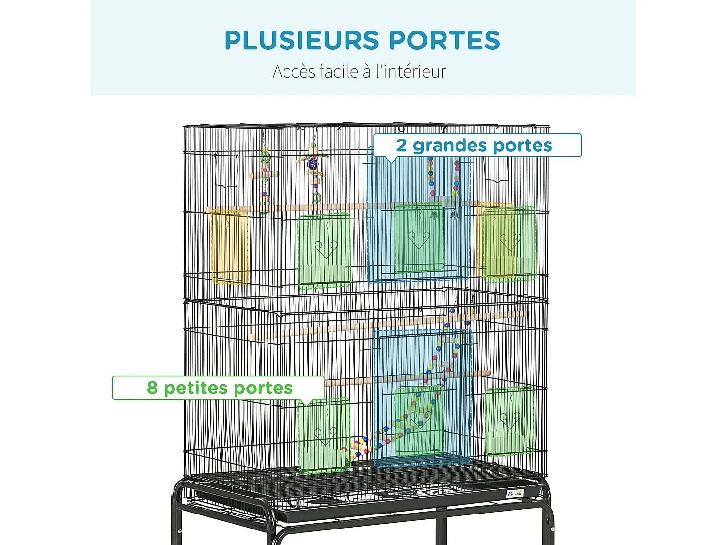 Cage à oiseaux sur roulettes - étagère, plateau déjection, 3 perchoirs, 4 mangeoirs, 2 portes, 8 trappes, accessoires - acier noir