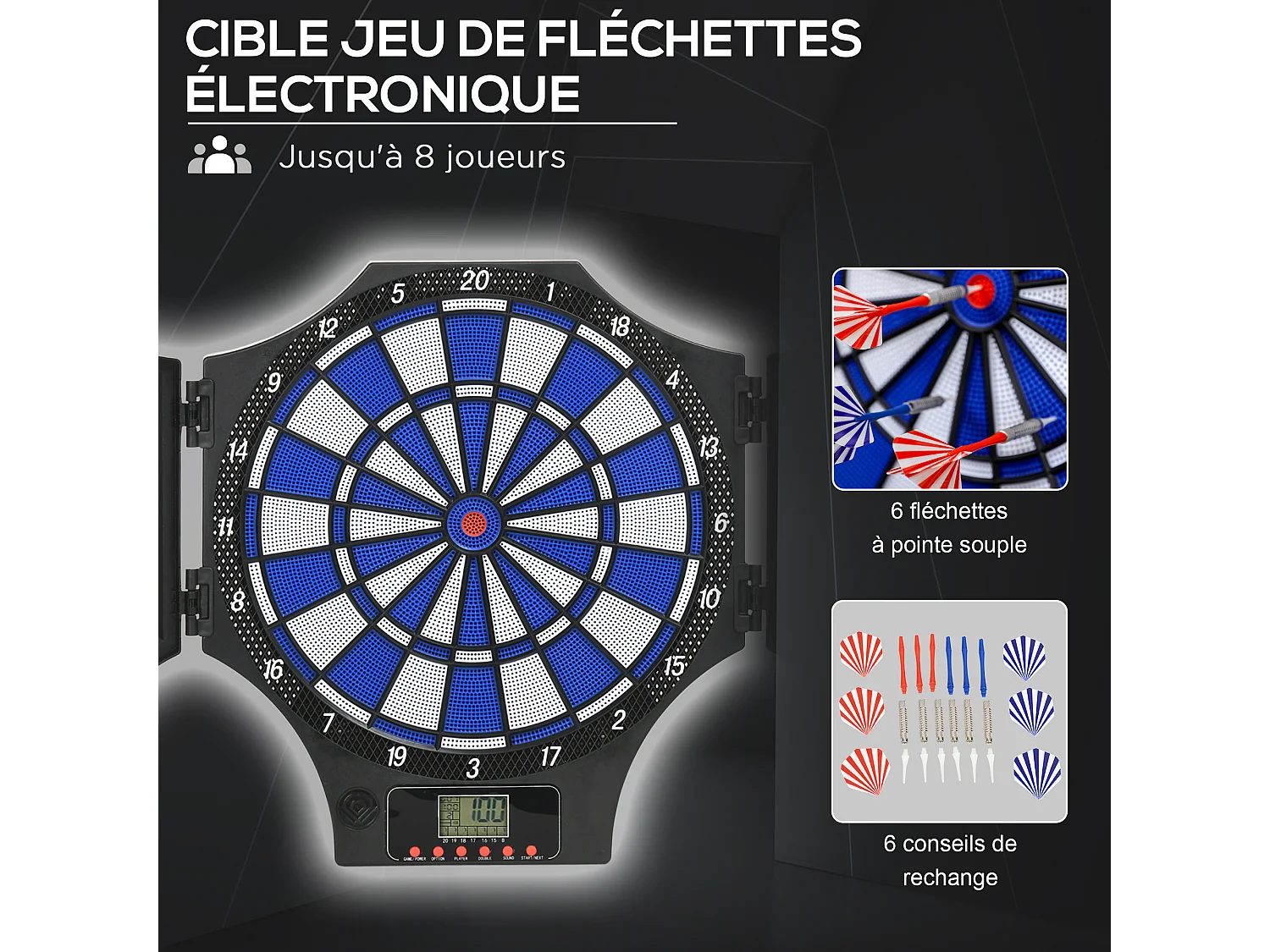 Cible jeu de fléchettes électronique refermable 31 jeux jusqu'à 8 joueurs affichage LCD haut-parleur noir