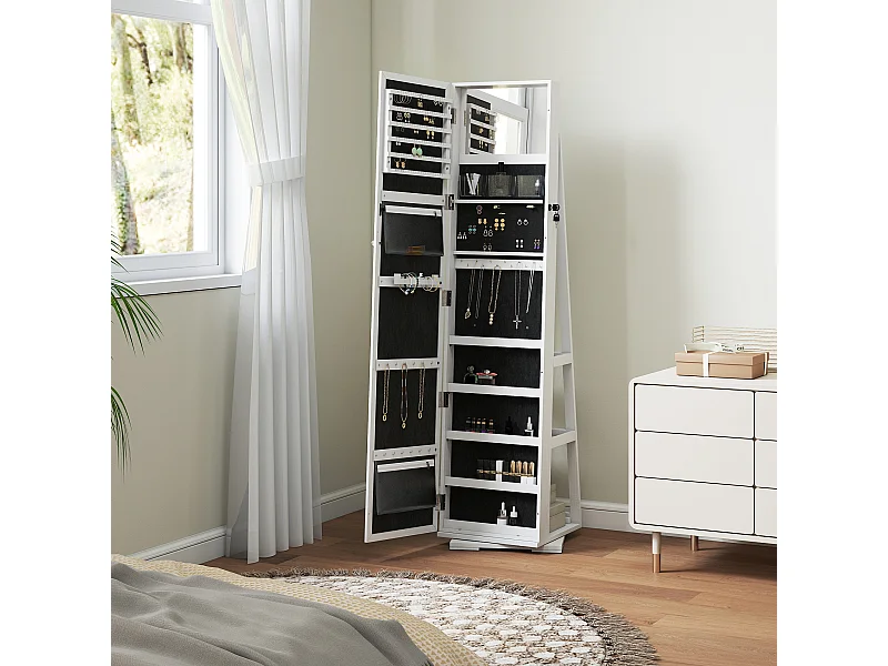 Armoire à bijoux pivotante verrouillable avec miroir - armoire bijoux multi-rangement - MDF gris clair