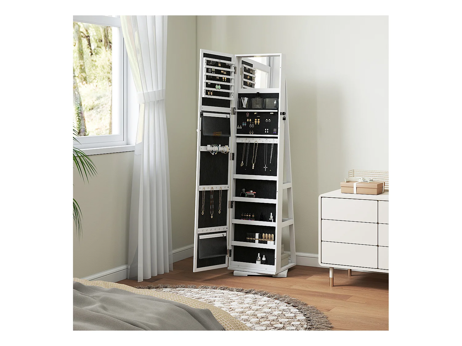 Armoire à bijoux pivotante verrouillable avec miroir - armoire bijoux multi-rangement - MDF gris clair