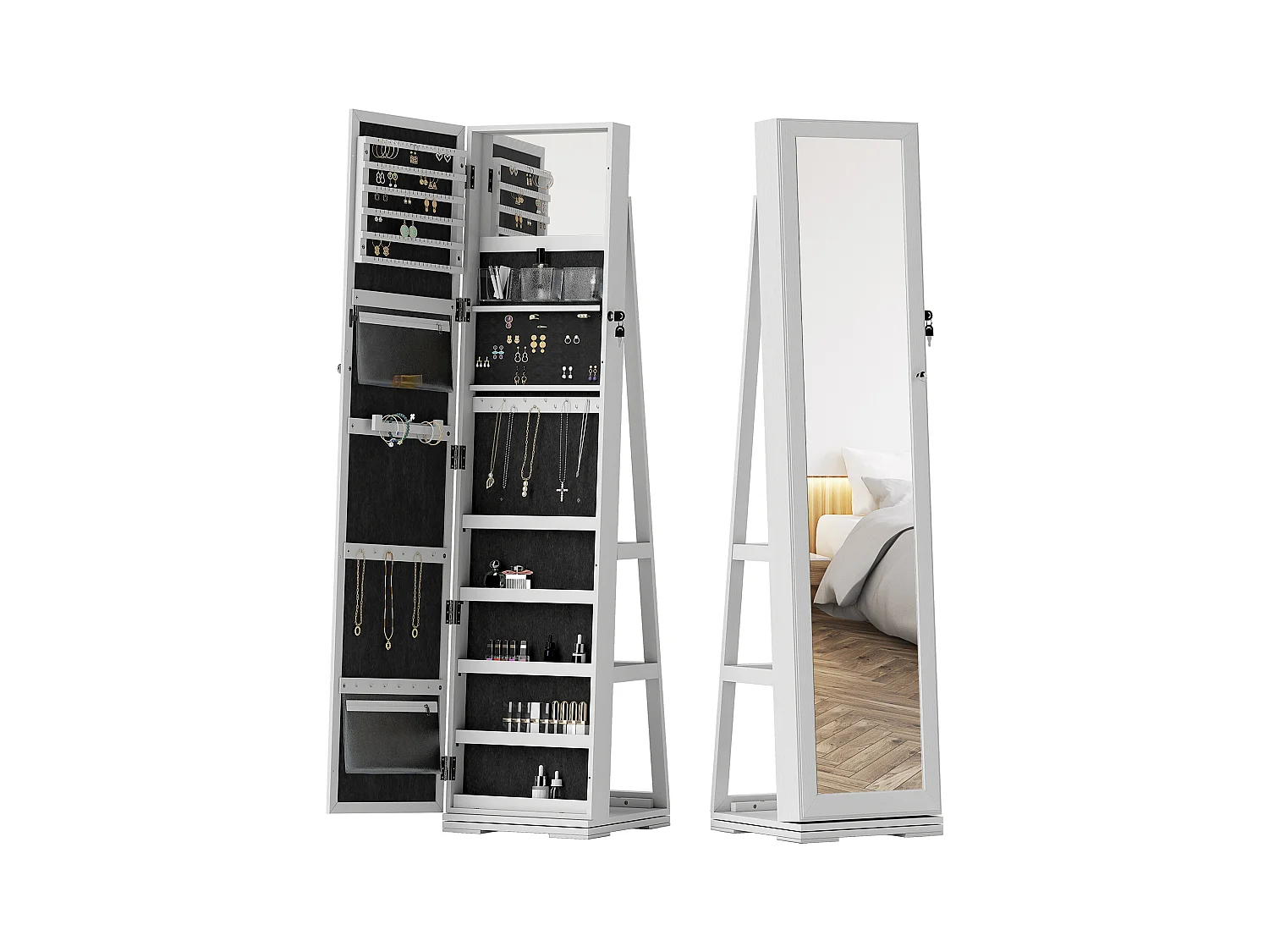 Armoire à bijoux pivotante verrouillable avec miroir - armoire bijoux multi-rangement - MDF gris clair