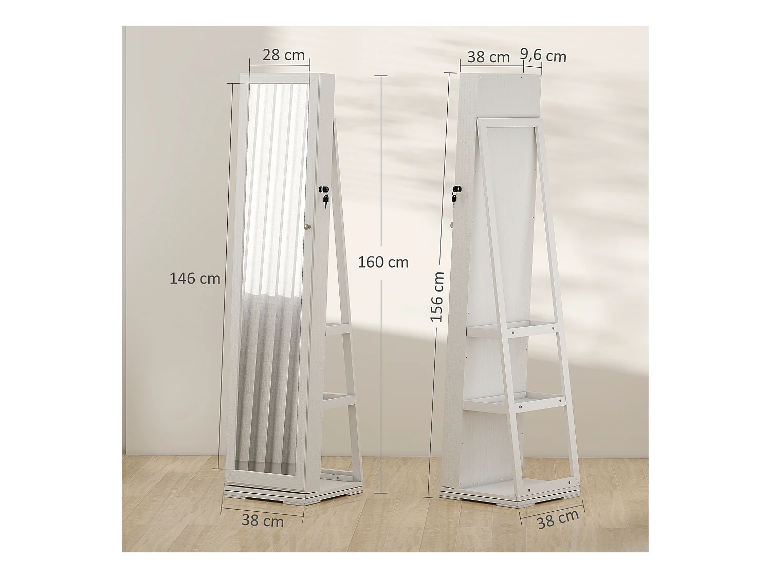 Armoire à bijoux pivotante verrouillable avec miroir - armoire bijoux multi-rangement - MDF gris clair