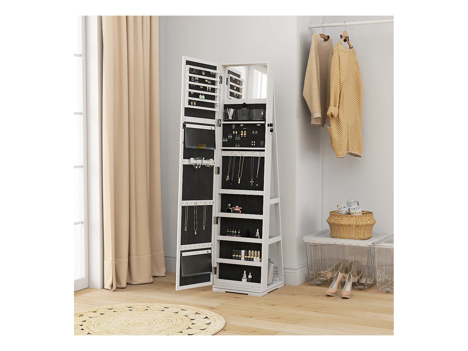 Armoire à bijoux pivotante verrouillable avec miroir - armoire bijoux multi-rangement - MDF gris clair