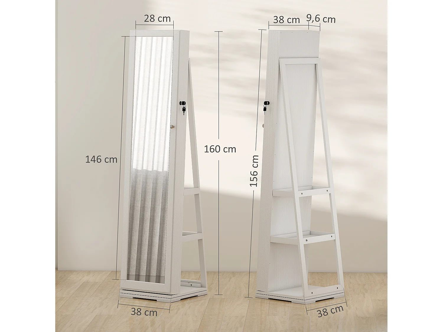 Armoire à bijoux pivotante verrouillable avec miroir - armoire bijoux multi-rangement - MDF gris clair