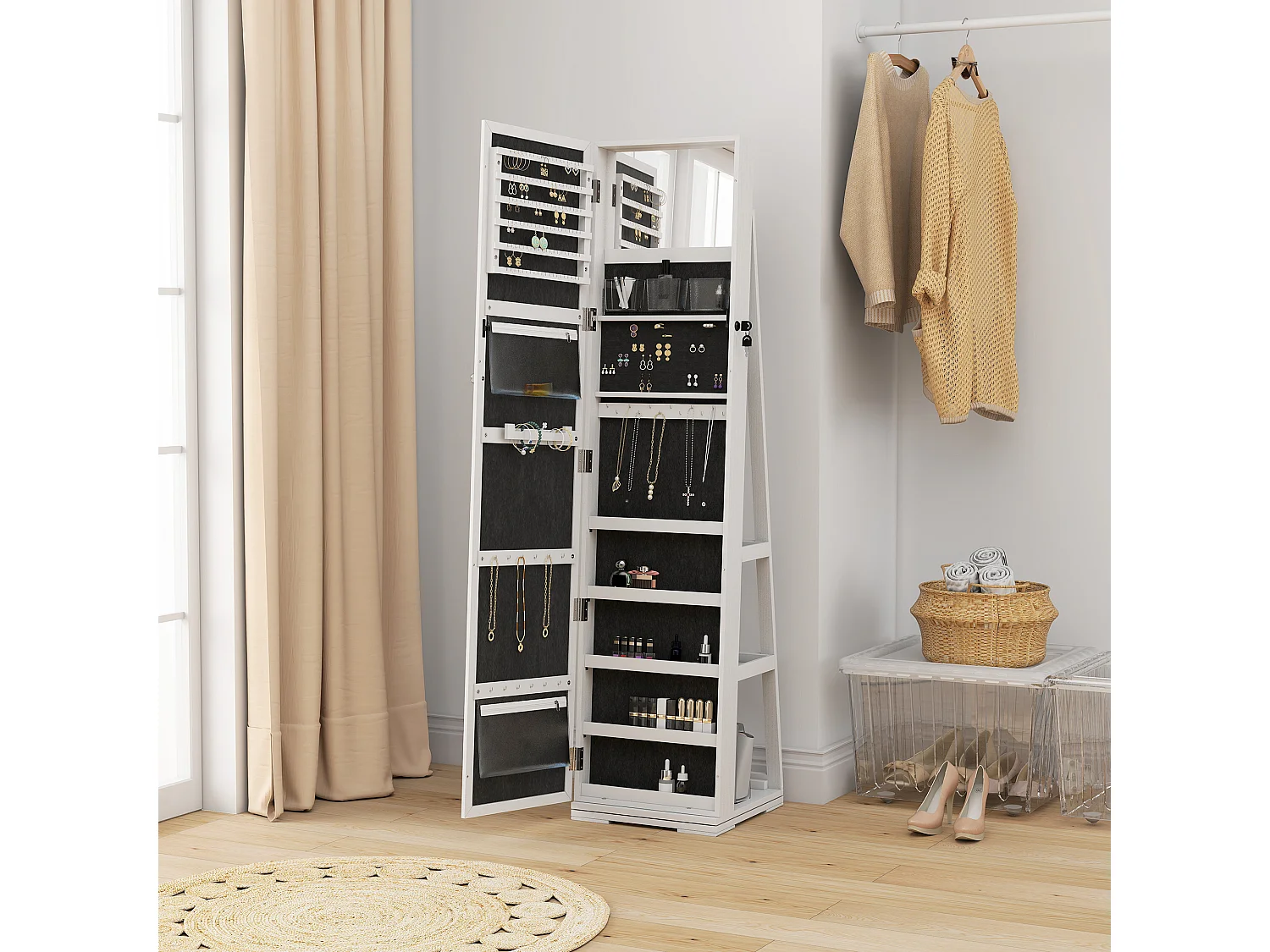 Armoire à bijoux pivotante verrouillable avec miroir - armoire bijoux multi-rangement - MDF gris clair