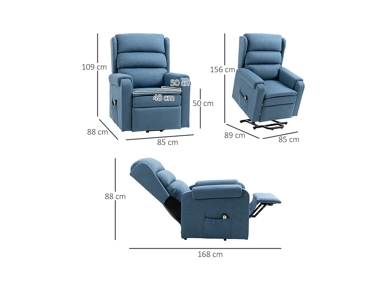 Fauteuil de relaxation électrique fauteuil releveur inclinable avec repose-pied ajustable télécommande tissu bleu