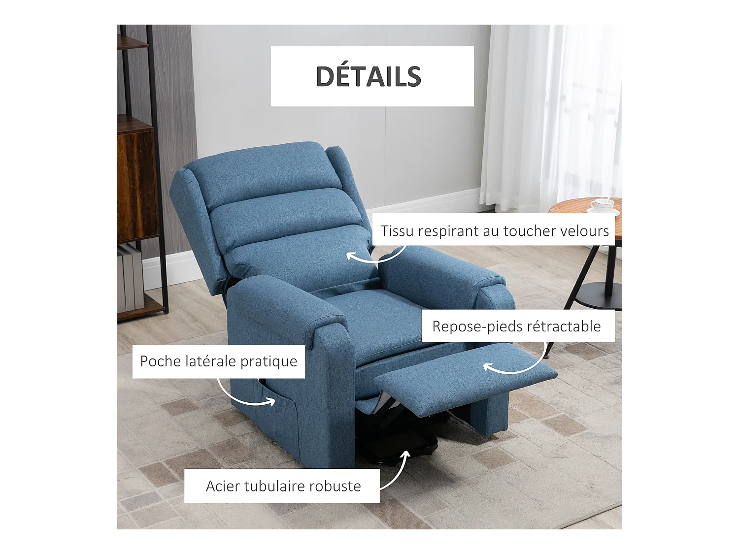 Fauteuil de relaxation électrique fauteuil releveur inclinable avec repose-pied ajustable télécommande tissu bleu