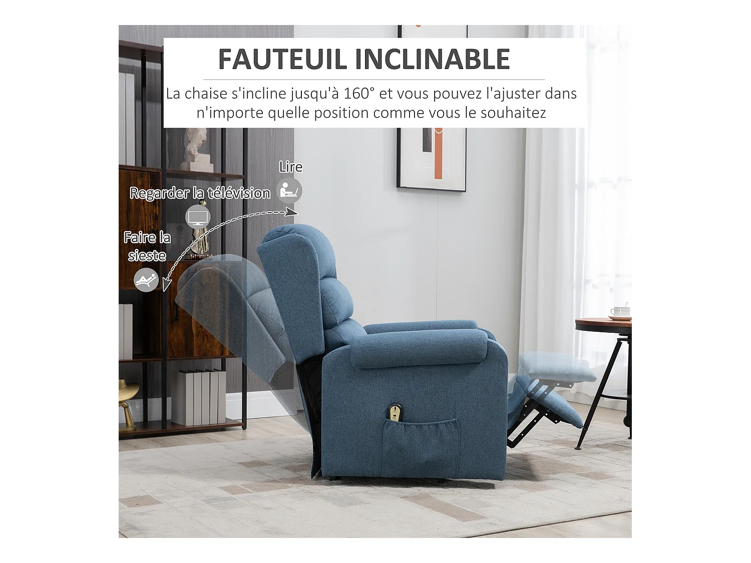 Fauteuil de relaxation électrique fauteuil releveur inclinable avec repose-pied ajustable télécommande tissu bleu