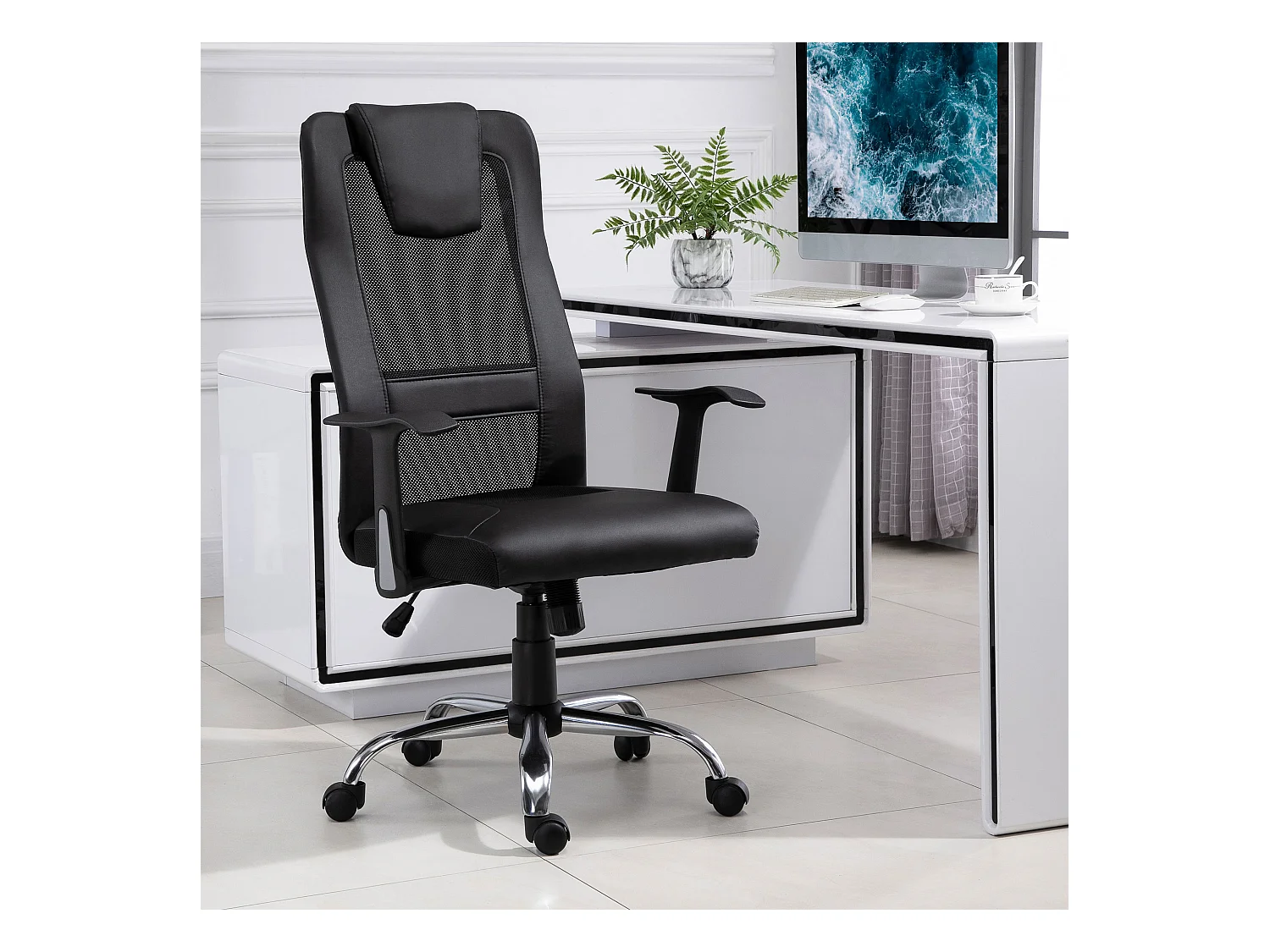 Fauteuil de bureau ergonomique hauteur assise réglable pivotant 360° revêtement synthétique et maille noir