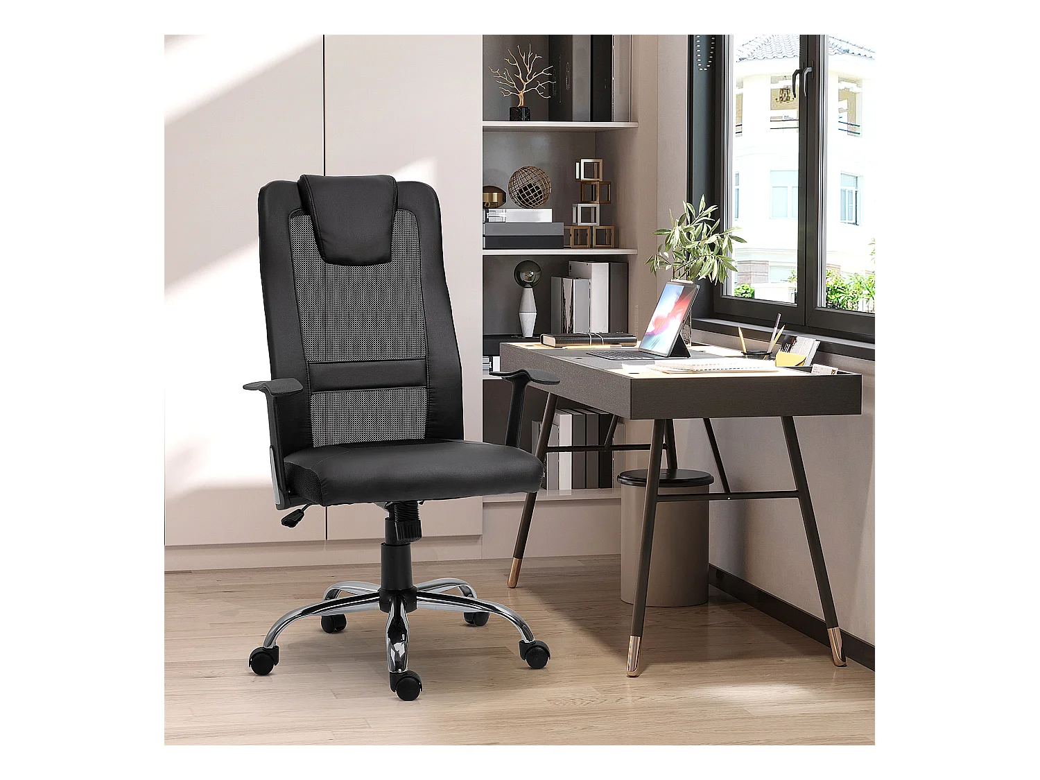 Fauteuil de bureau ergonomique hauteur assise réglable pivotant 360° revêtement synthétique et maille noir