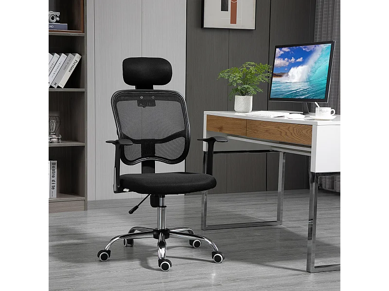Vinsetto Fauteuil de bureau manager grand confort chaise de bureau réglable dossier inclinable piètement chromé tissu maille polyester noir