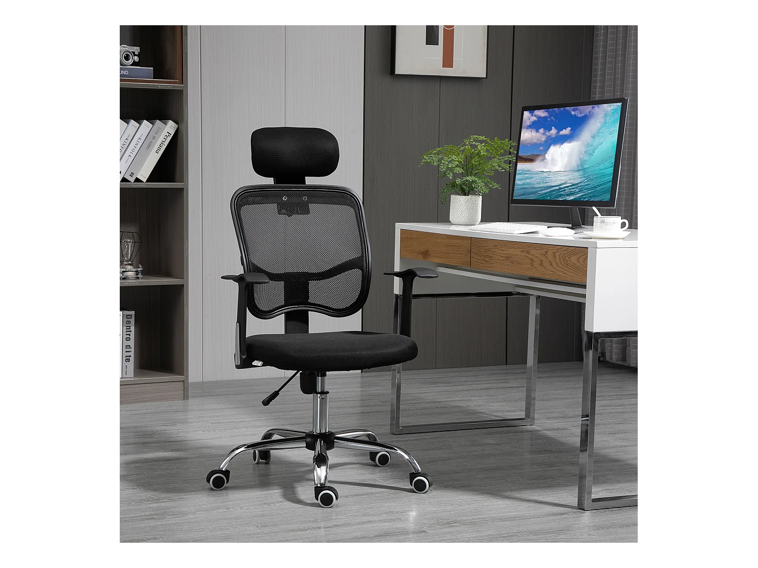 Vinsetto Fauteuil de bureau manager grand confort chaise de bureau réglable dossier inclinable piètement chromé tissu maille polyester noir