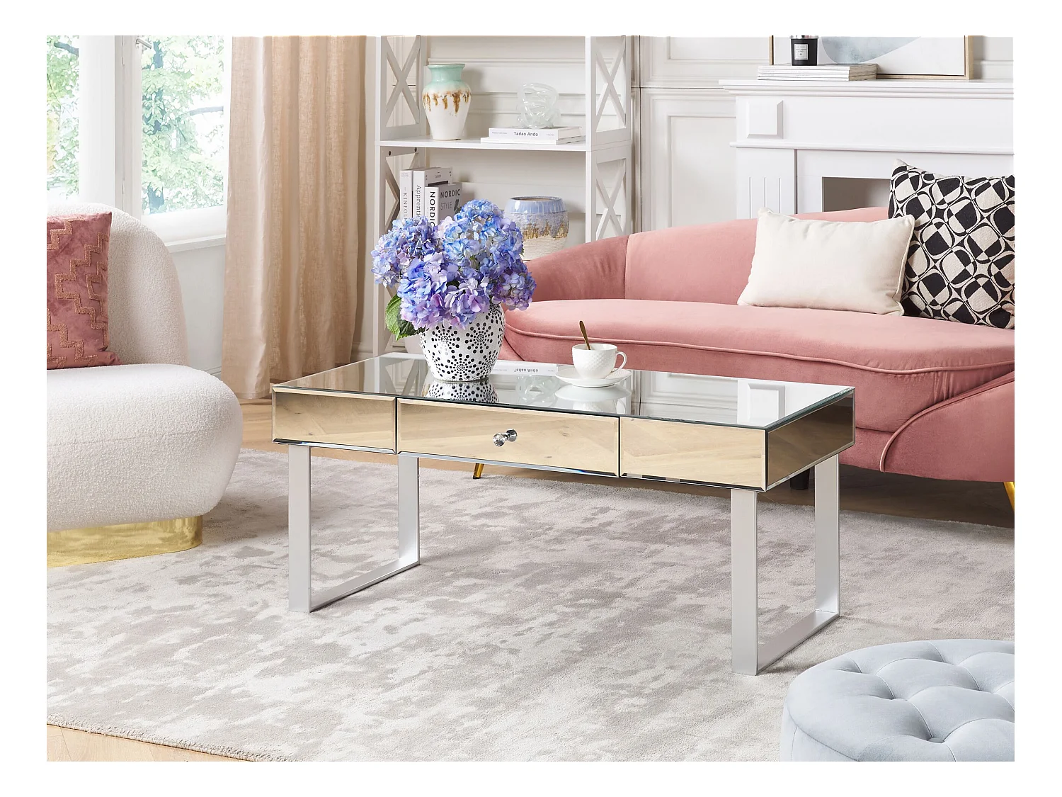 Stolik kawowy NESLE Lustrzany srebrny ze schowkiem