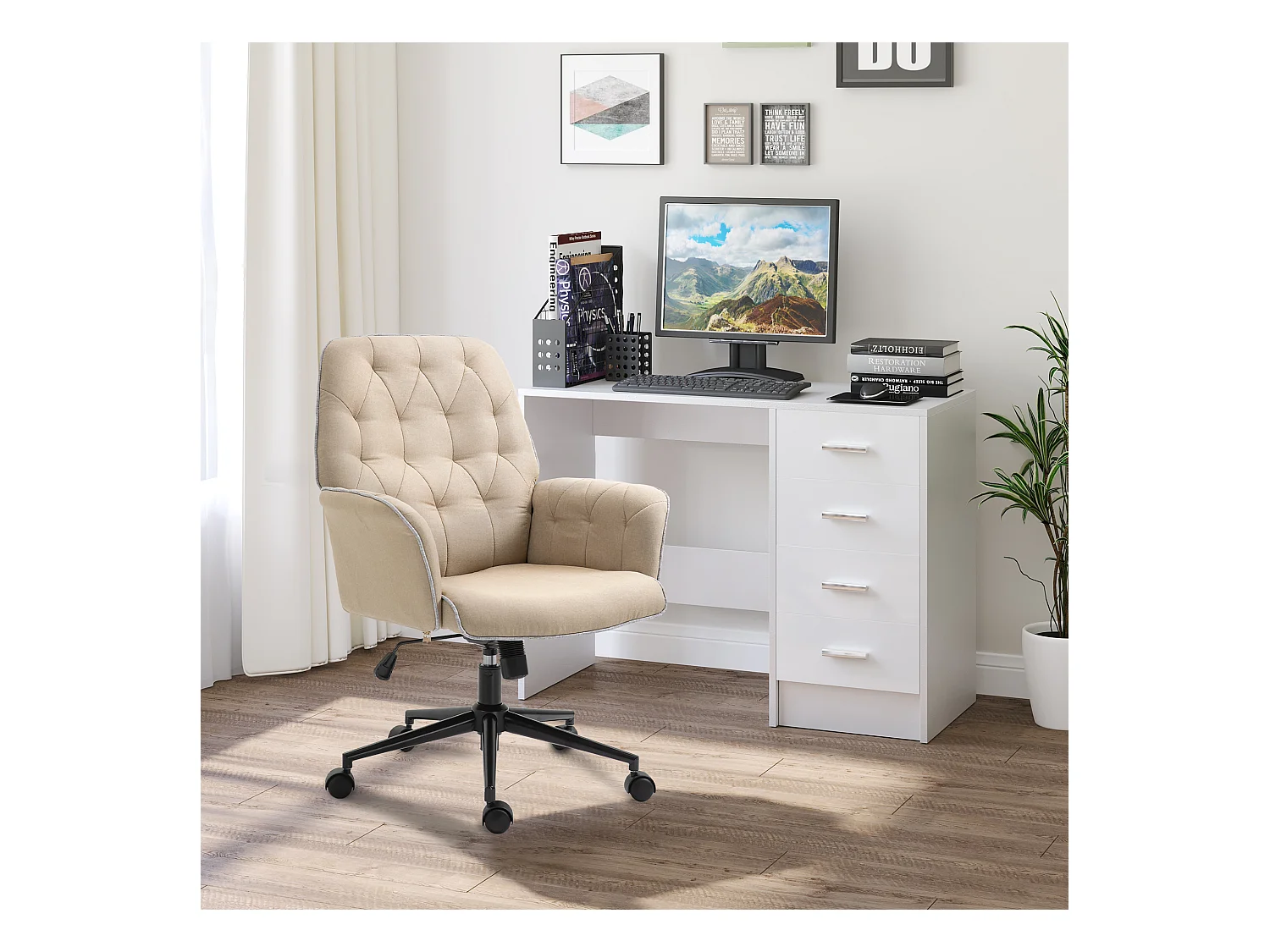 Fauteuil de bureau chaise de bureau hauteur réglable roulettes pivotant 360° tissu chanvre 69L x 66l x 89,5-97H cm beige