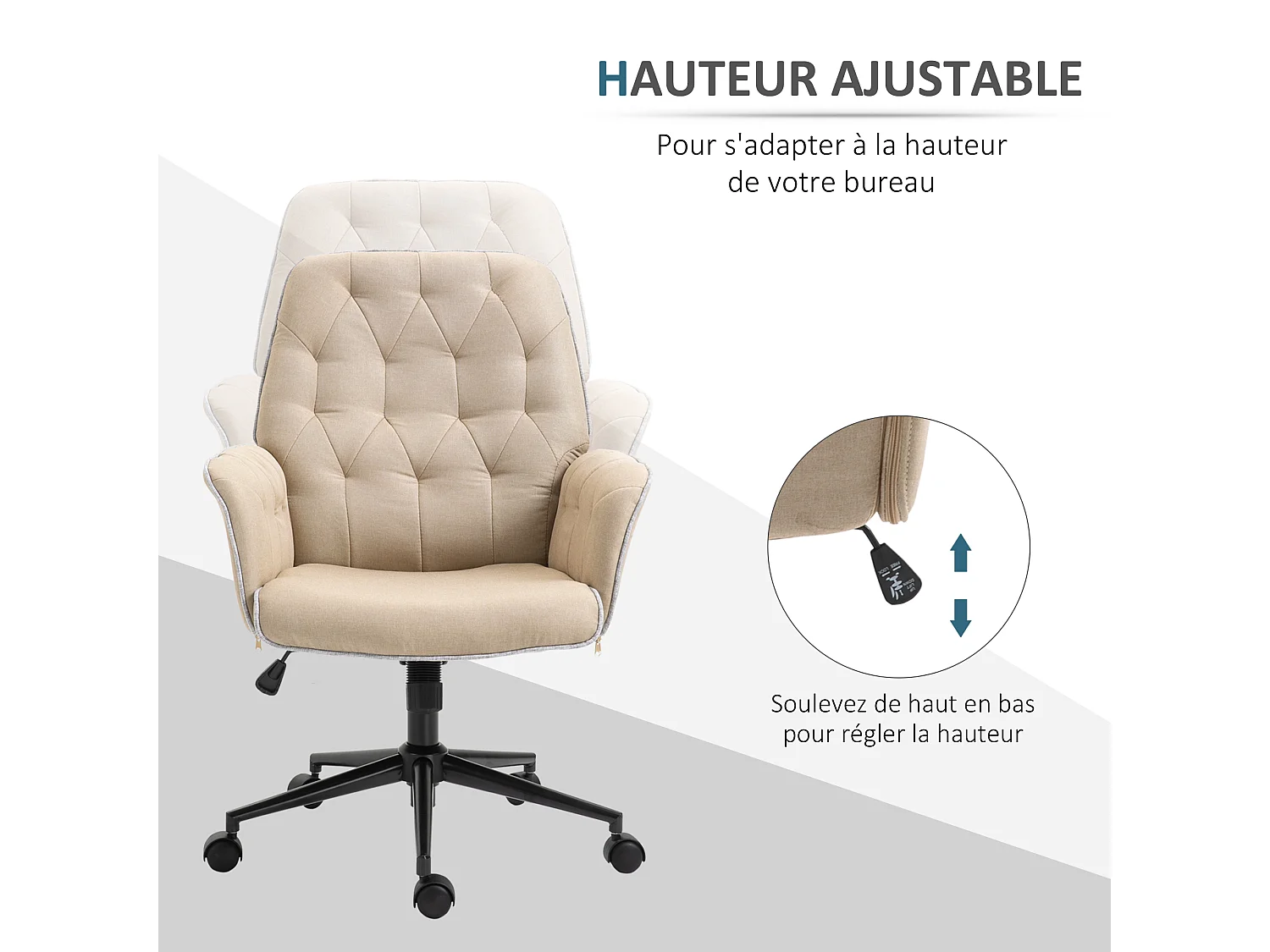 Fauteuil de bureau chaise de bureau hauteur réglable roulettes pivotant 360° tissu chanvre 69L x 66l x 89,5-97H cm beige