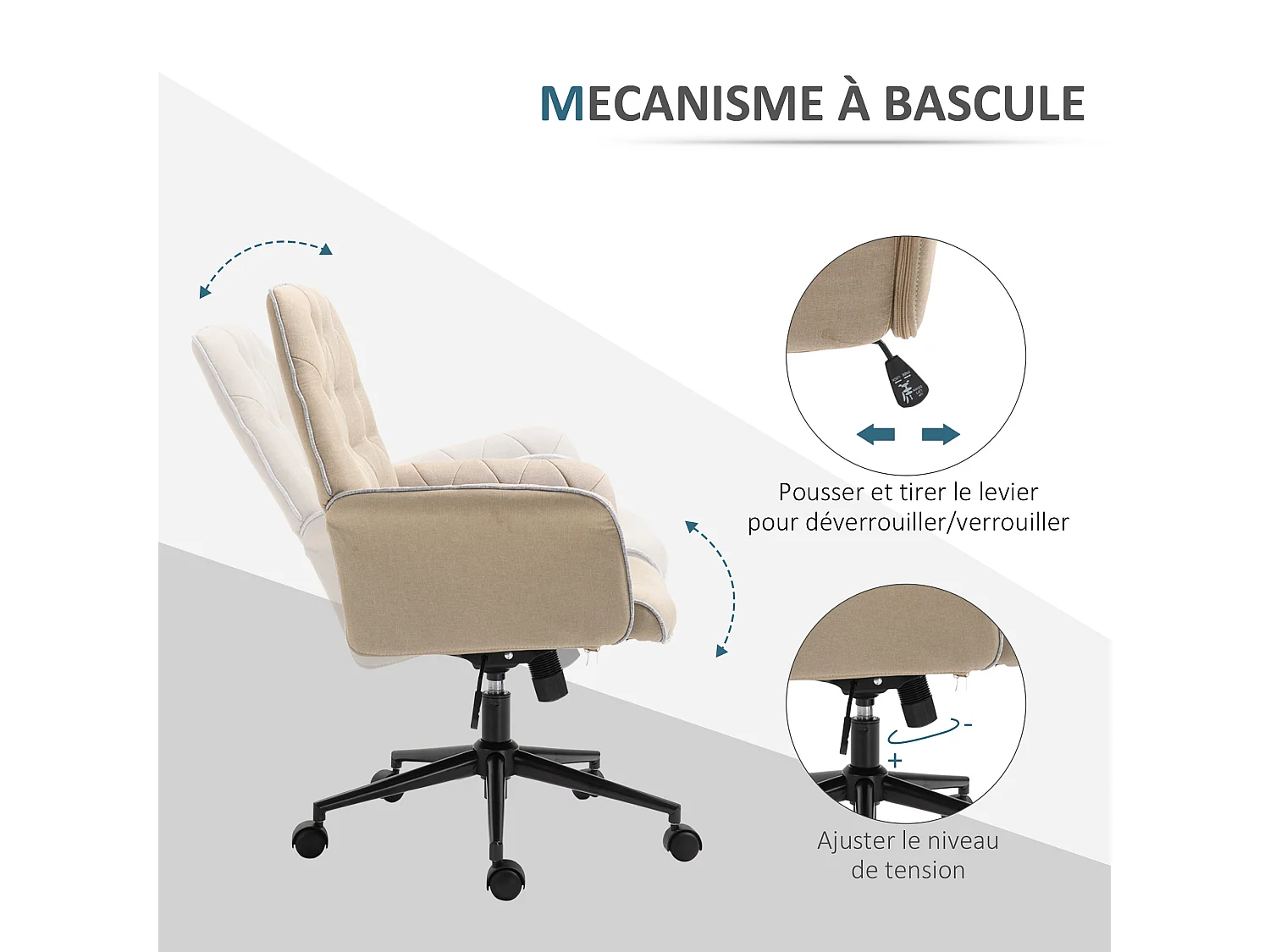 Fauteuil de bureau chaise de bureau hauteur réglable roulettes pivotant 360° tissu chanvre 69L x 66l x 89,5-97H cm beige
