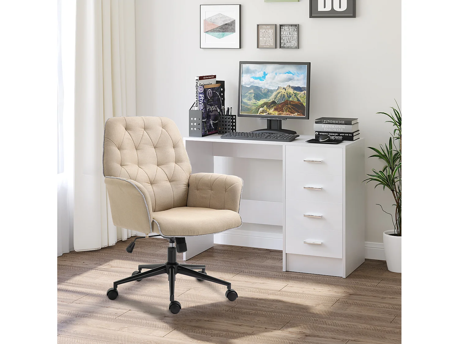 Fauteuil de bureau chaise de bureau hauteur réglable roulettes pivotant 360° tissu chanvre 69L x 66l x 89,5-97H cm beige