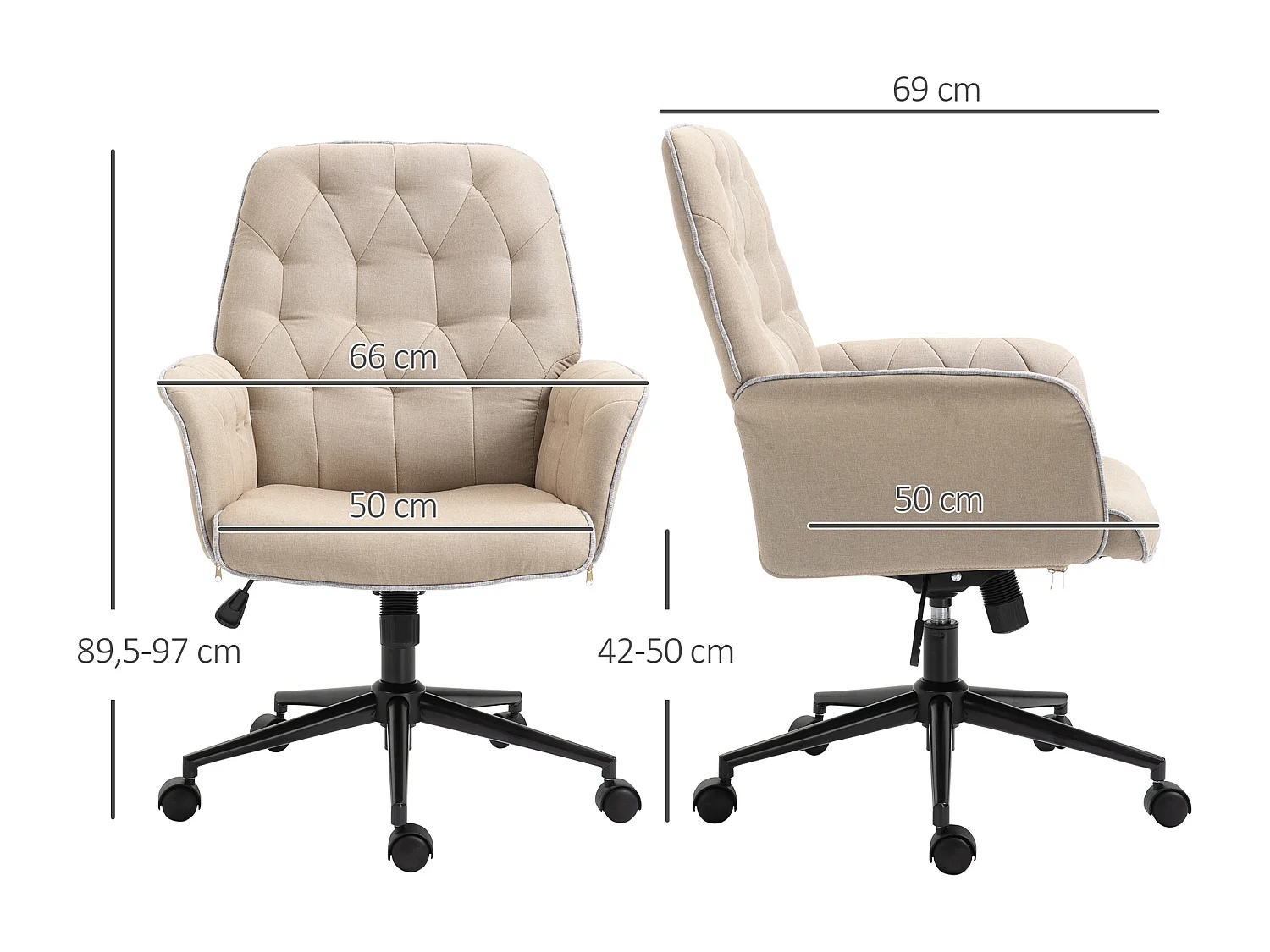 Fauteuil de bureau chaise de bureau hauteur réglable roulettes pivotant 360° tissu chanvre 69L x 66l x 89,5-97H cm beige