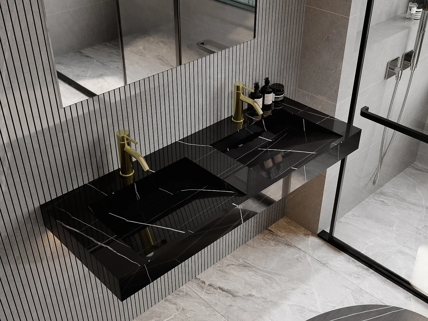 Double vasque suspendue en solid surface effet marbre noir - L120.2 x l45.2 x H8 cm - TAKOTNA