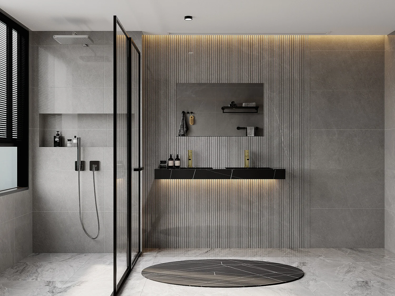 Double vasque suspendue en solid surface effet marbre noir - L120.2 x l45.2 x H8 cm - TAKOTNA