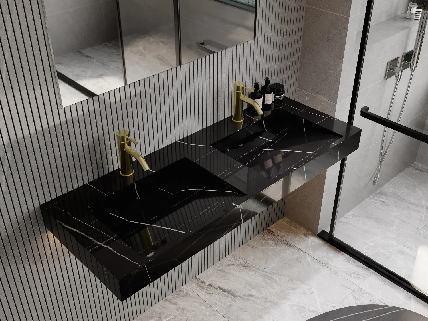 Doppel-Waschbecken hängend - 120,2 x 45,2 x 8 cm - Solid Surface - Marmor-Optik Schwarz - TAKOTNA