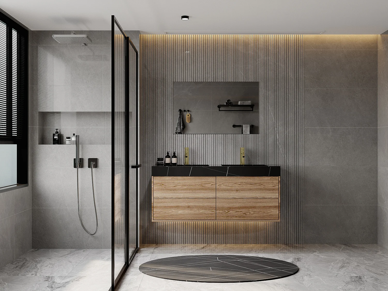 Dubbele hangende wastafel van solid surface met zwart marmereffect - L120,2 x B45,2 x H8 cm - TAKOTNA