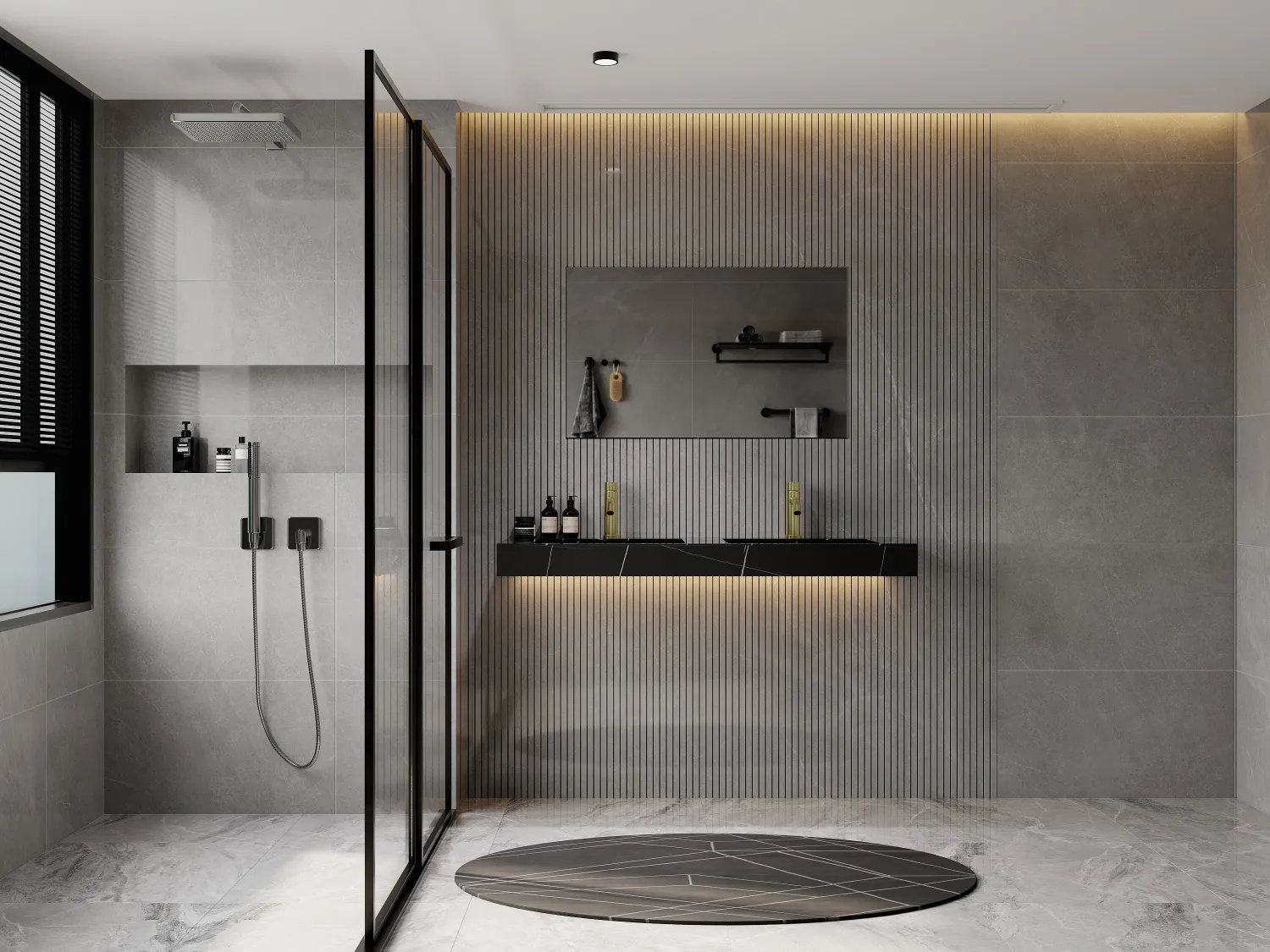 Lavabo doble flotante de solid surface con efecto mármol negro - Ancho 120.2 x Prof. 45.2 x Alt. 8 cm - TAKOTNA