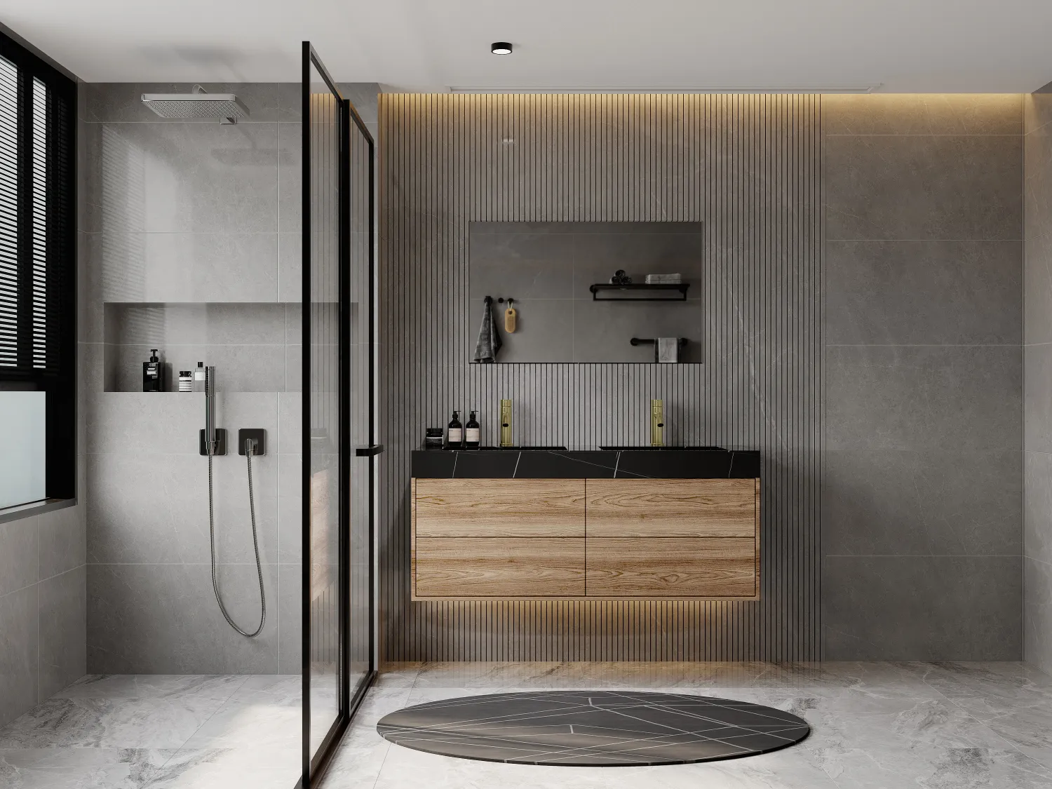 Lavabo doble flotante de solid surface con efecto mármol negro - Ancho 120.2 x Prof. 45.2 x Alt. 8 cm - TAKOTNA