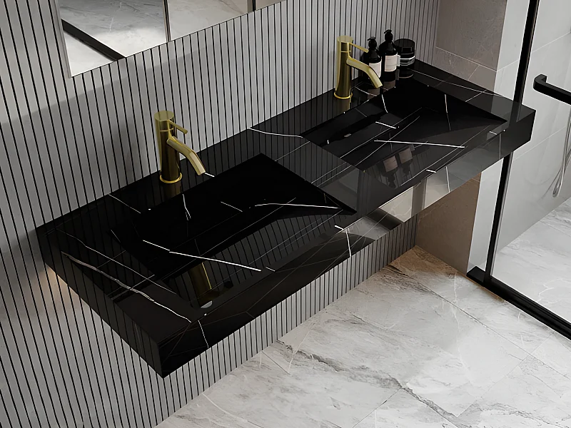 Doppio lavabo sospeso L120,2 x l45,2 x H8 cm in Solid Surface effetto marmo Nero - TAKOTNA