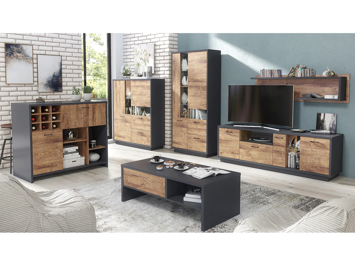 Ensemble de salon, meuble TV + buffet + vitrine avec LED + étagère murale + buffet haut + table basse coloris chêne, graphite