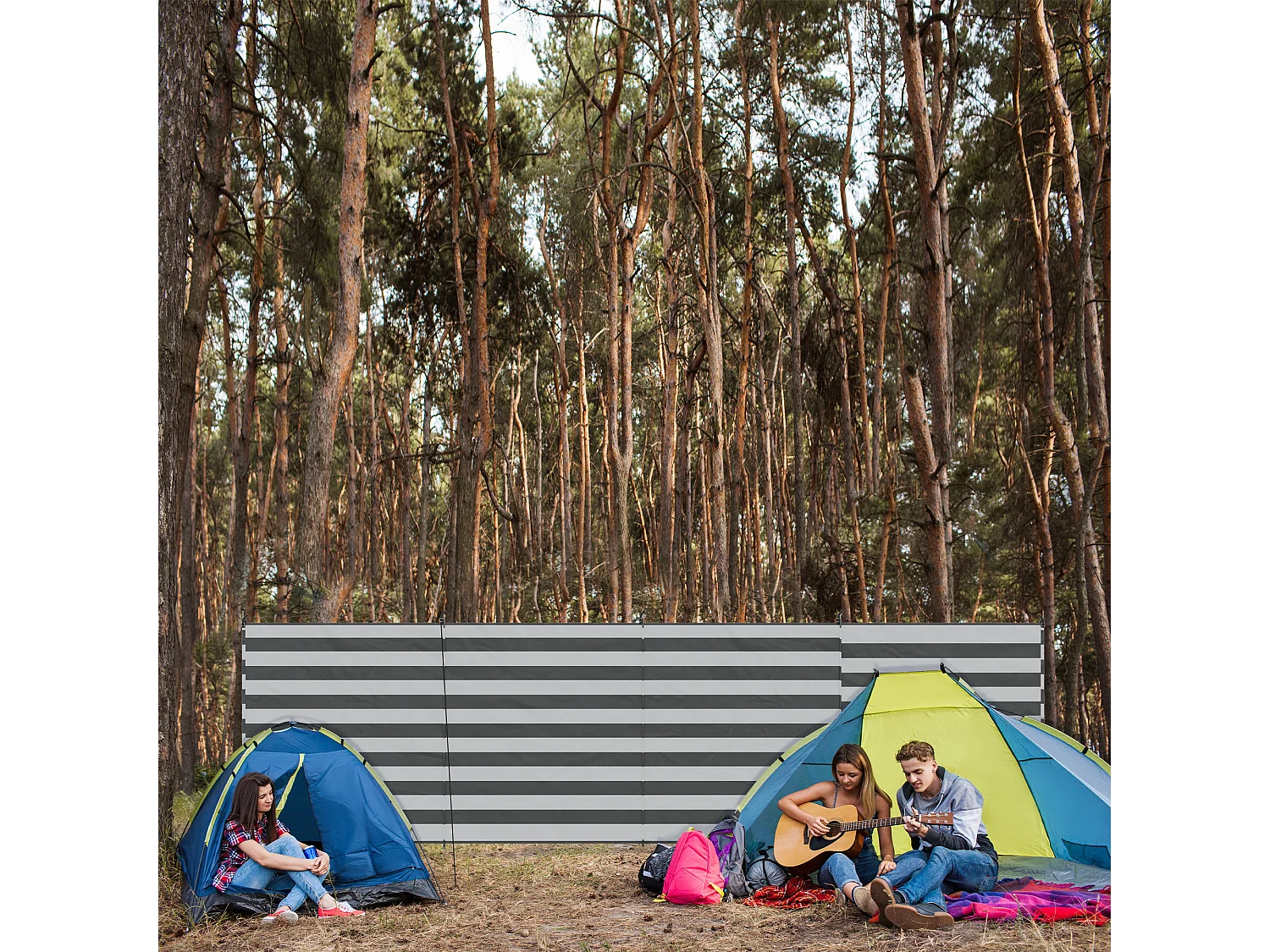 Paravent brise-vue de camping portable pliable avec sac de transport et poteaux dim. 540 cm x 150 cm acier polyester gris blanc rayé
