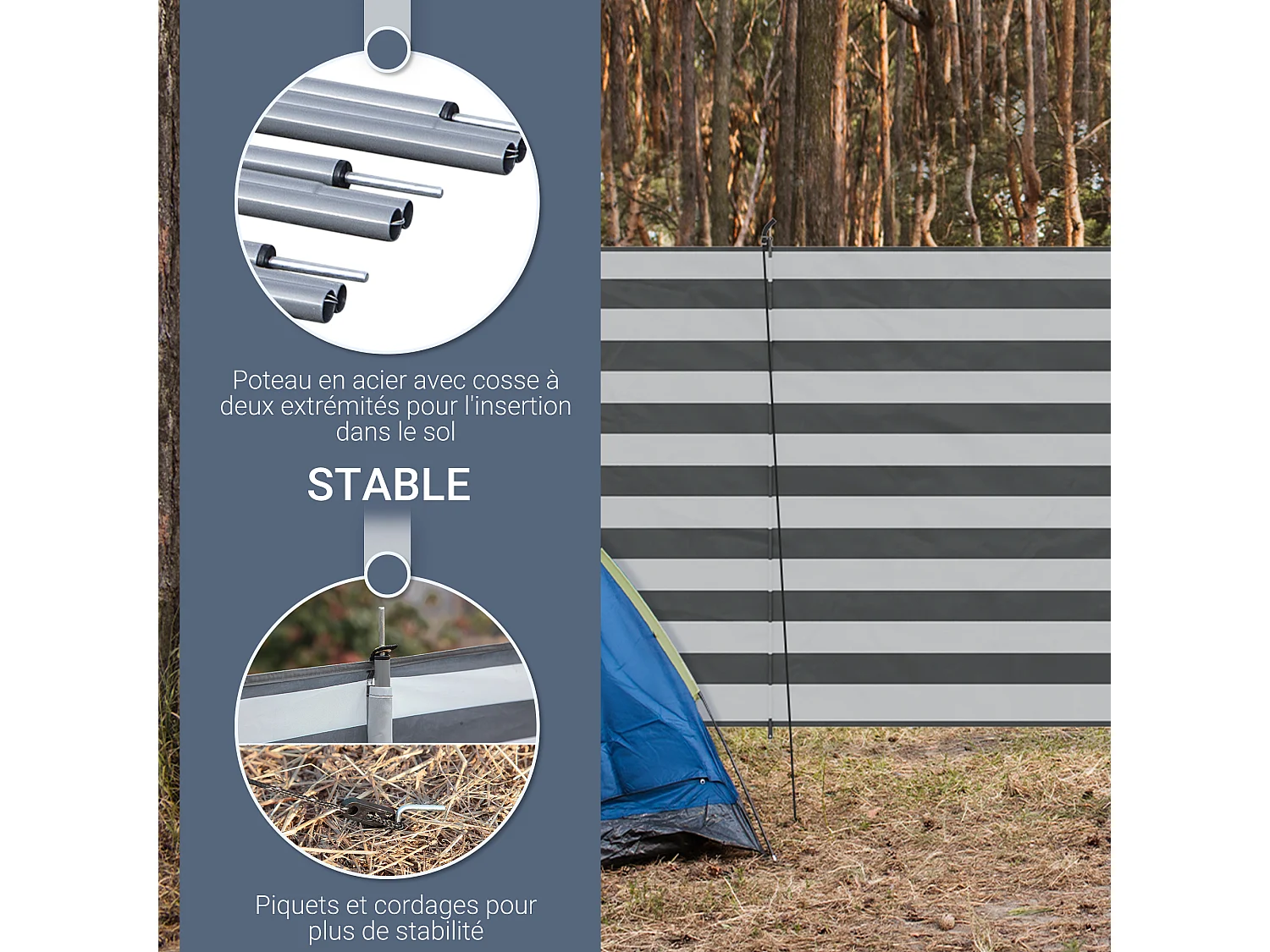 Paravent brise-vue de camping portable pliable avec sac de transport et poteaux dim. 540 cm x 150 cm acier polyester gris blanc rayé