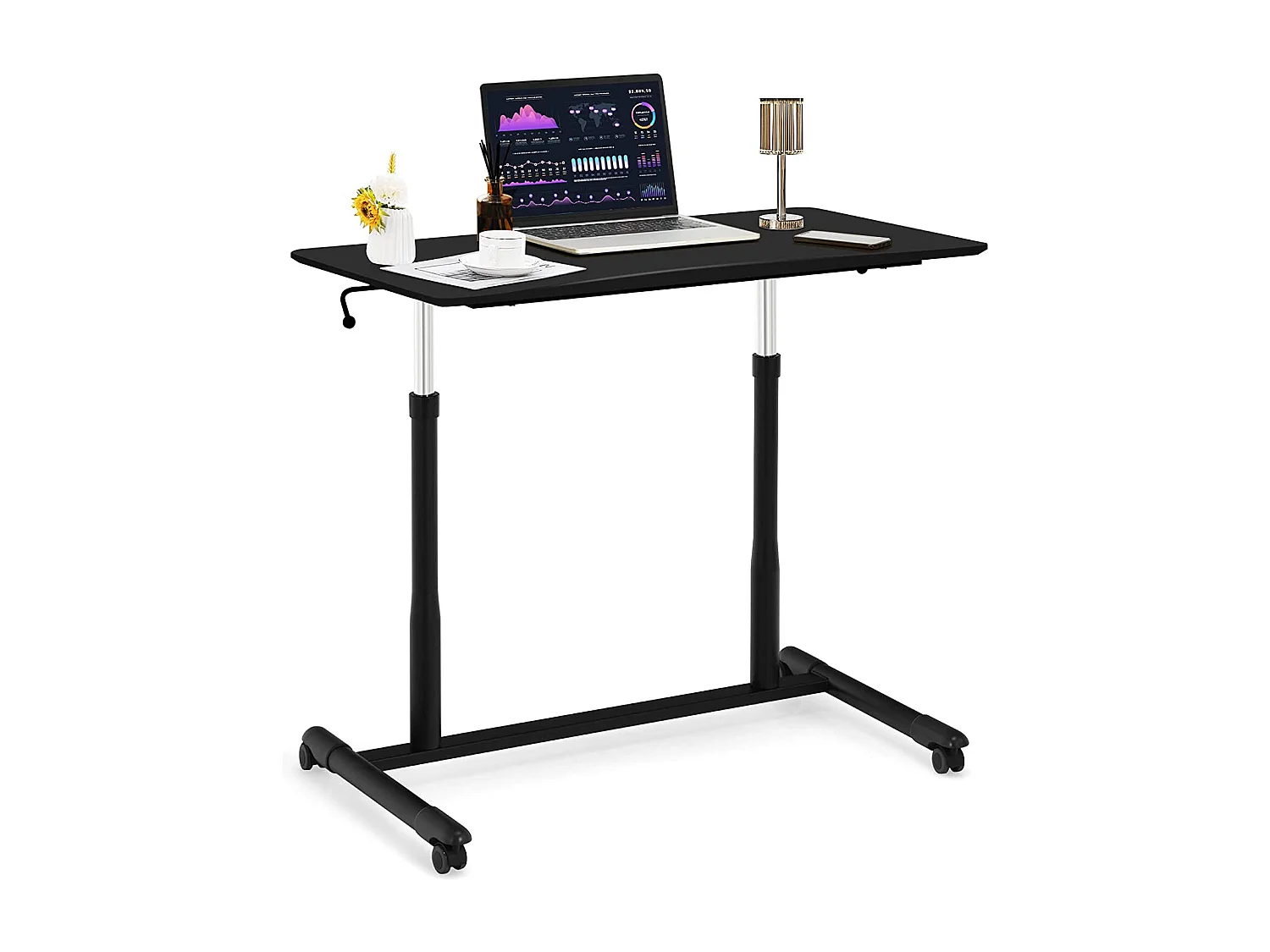 Bureau Assis-Debout à Roulette/Table d'Ordinateur avec Hauteur Ajustable Design Morderne 95x52x70–107cm pour Bureau Chambre (Noir)