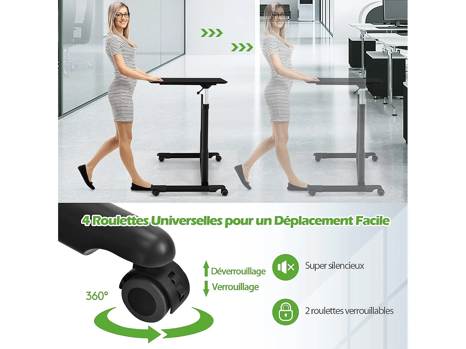 Bureau Assis-Debout à Roulette/Table d'Ordinateur avec Hauteur Ajustable Design Morderne 95x52x70–107cm pour Bureau Chambre (Noir)