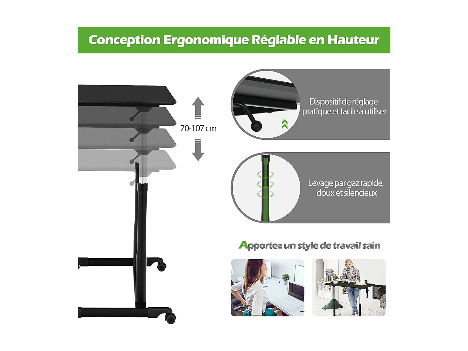 Bureau Assis-Debout à Roulette/Table d'Ordinateur avec Hauteur Ajustable Design Morderne 95x52x70–107cm pour Bureau Chambre (Noir)