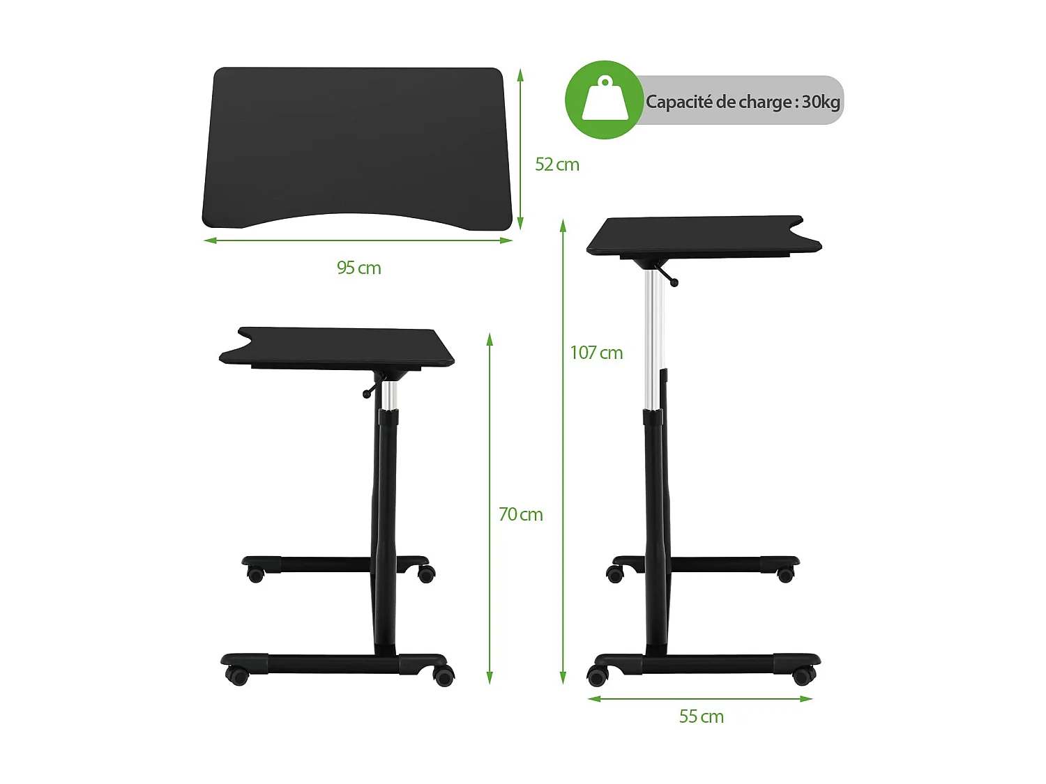 Bureau Assis-Debout à Roulette/Table d'Ordinateur avec Hauteur Ajustable Design Morderne 95x52x70–107cm pour Bureau Chambre (Noir)