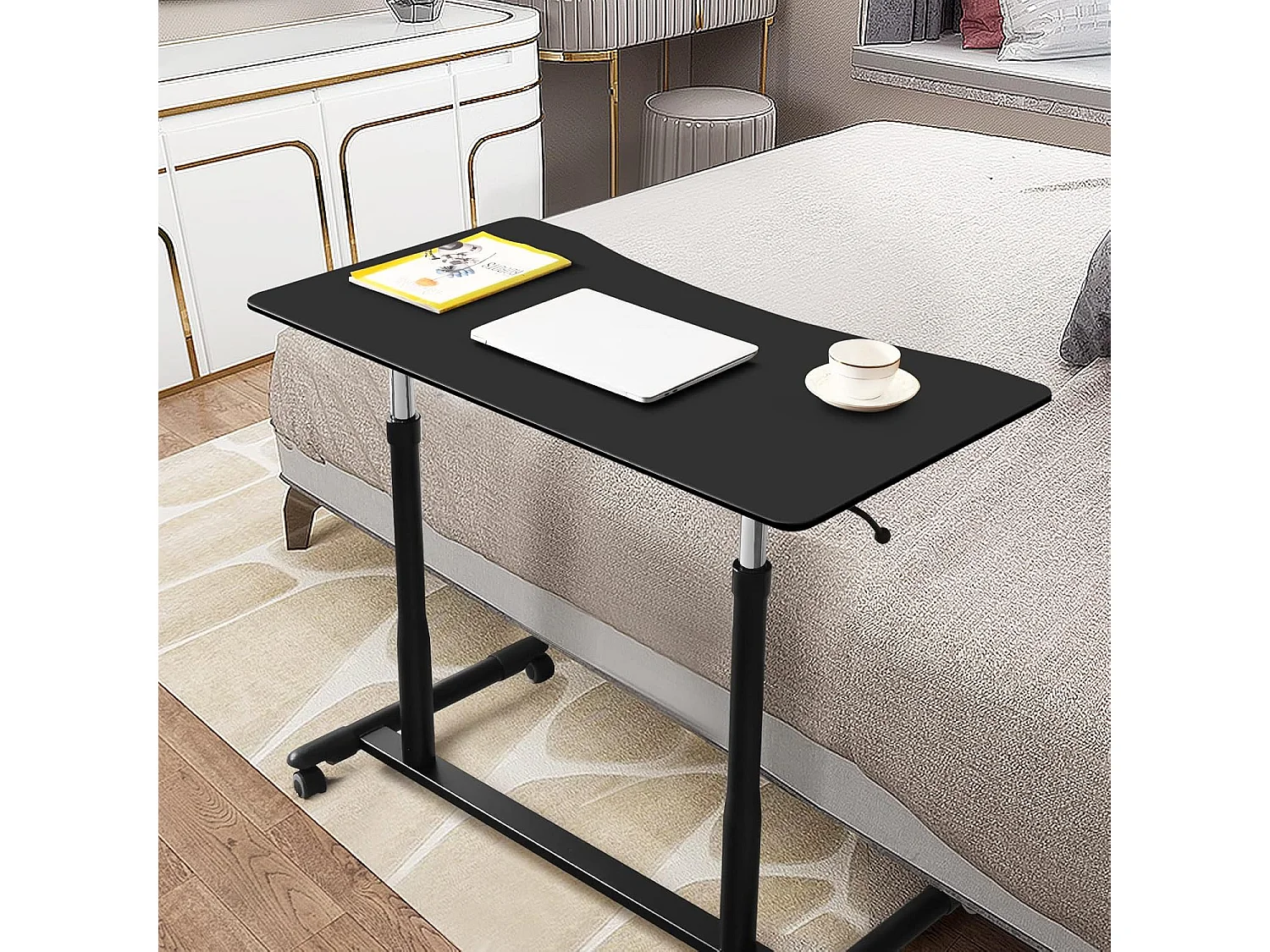 Bureau Assis-Debout à Roulette/Table d'Ordinateur avec Hauteur Ajustable Design Morderne 95x52x70–107cm pour Bureau Chambre (Noir)