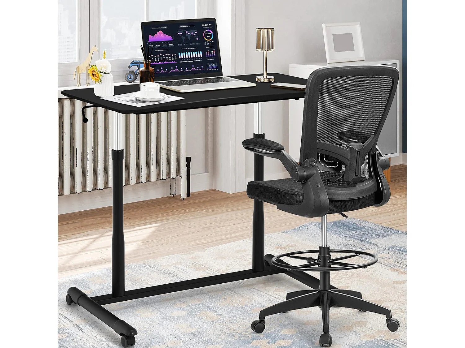 Bureau Assis-Debout à Roulette/Table d'Ordinateur avec Hauteur Ajustable Design Morderne 95x52x70–107cm pour Bureau Chambre (Noir)