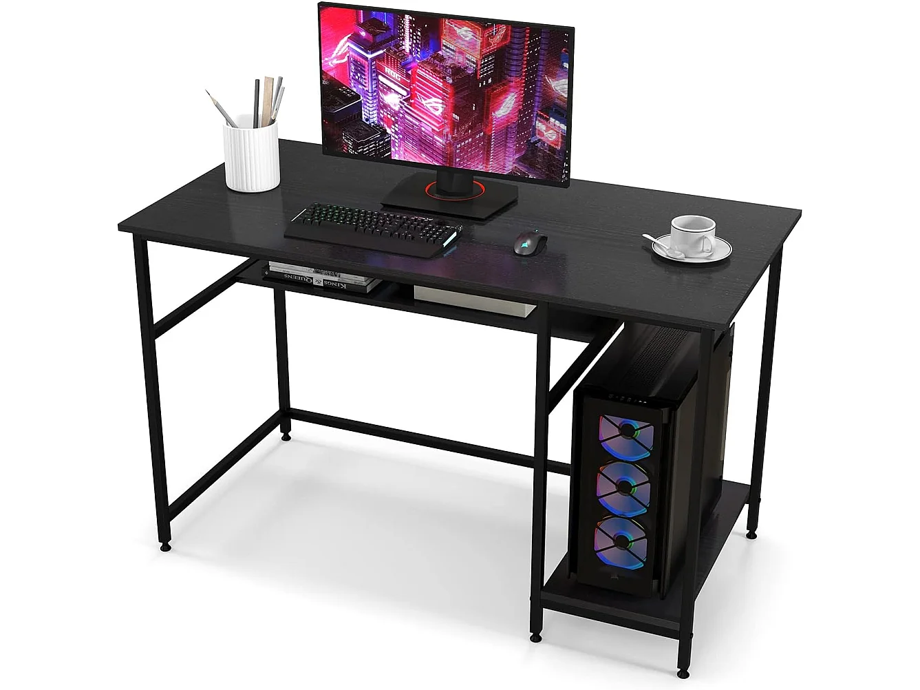 Bureau d'Ordinateur avec Étagère de Rangement, 120 x 60 x 75 cm (Noir)