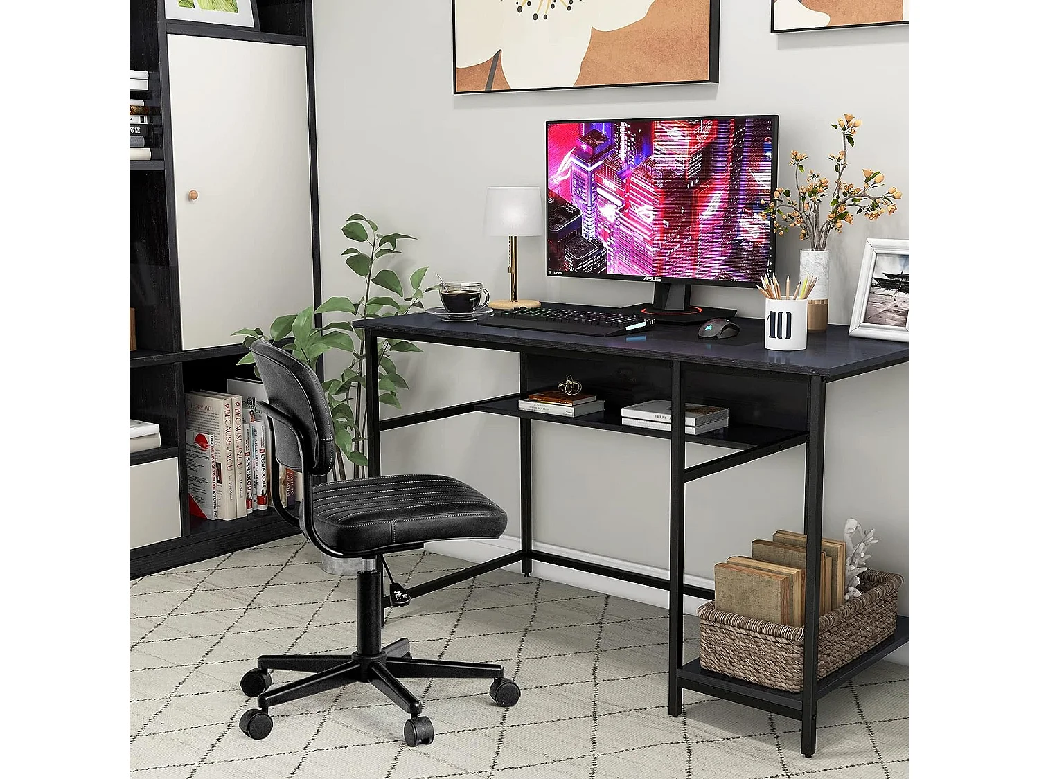Bureau d'Ordinateur avec Étagère de Rangement, 120 x 60 x 75 cm (Noir)