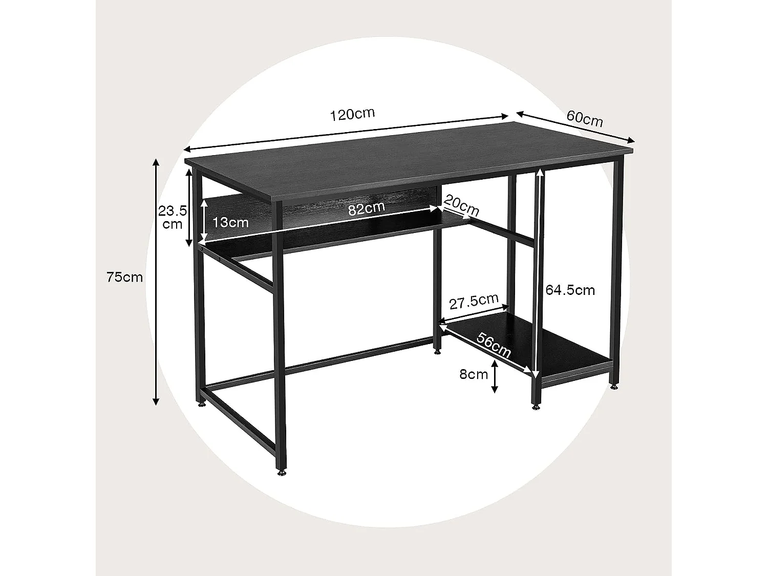 Bureau d'Ordinateur avec Étagère de Rangement, 120 x 60 x 75 cm (Noir)