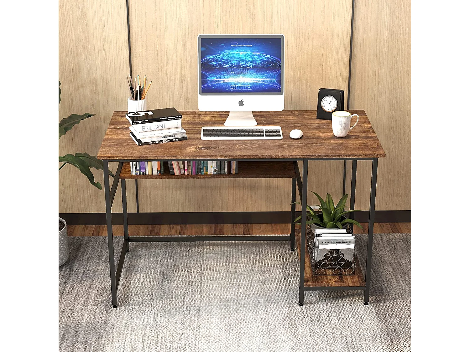 Bureau d'Ordinateur avec Étagère de Rangement, 120 x 60 x 75 cm (Noir)