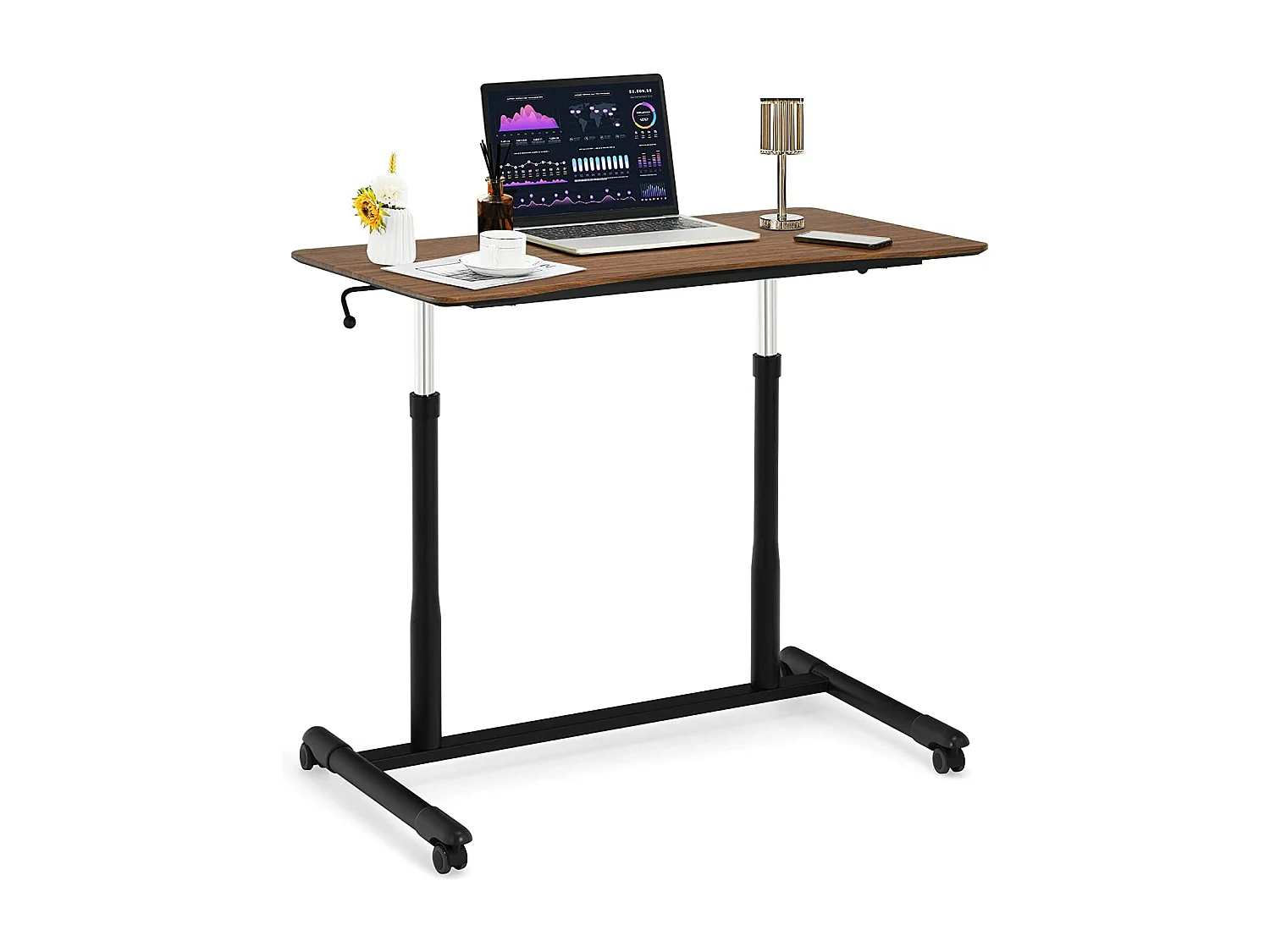 Bureau Assis-Debout à Roulette avec Hauteur Ajustable, Table d'Ordinateur avec Design Morderne, Table de Lit 95x52x70–107cm pour Bureau Chambre (Marron)