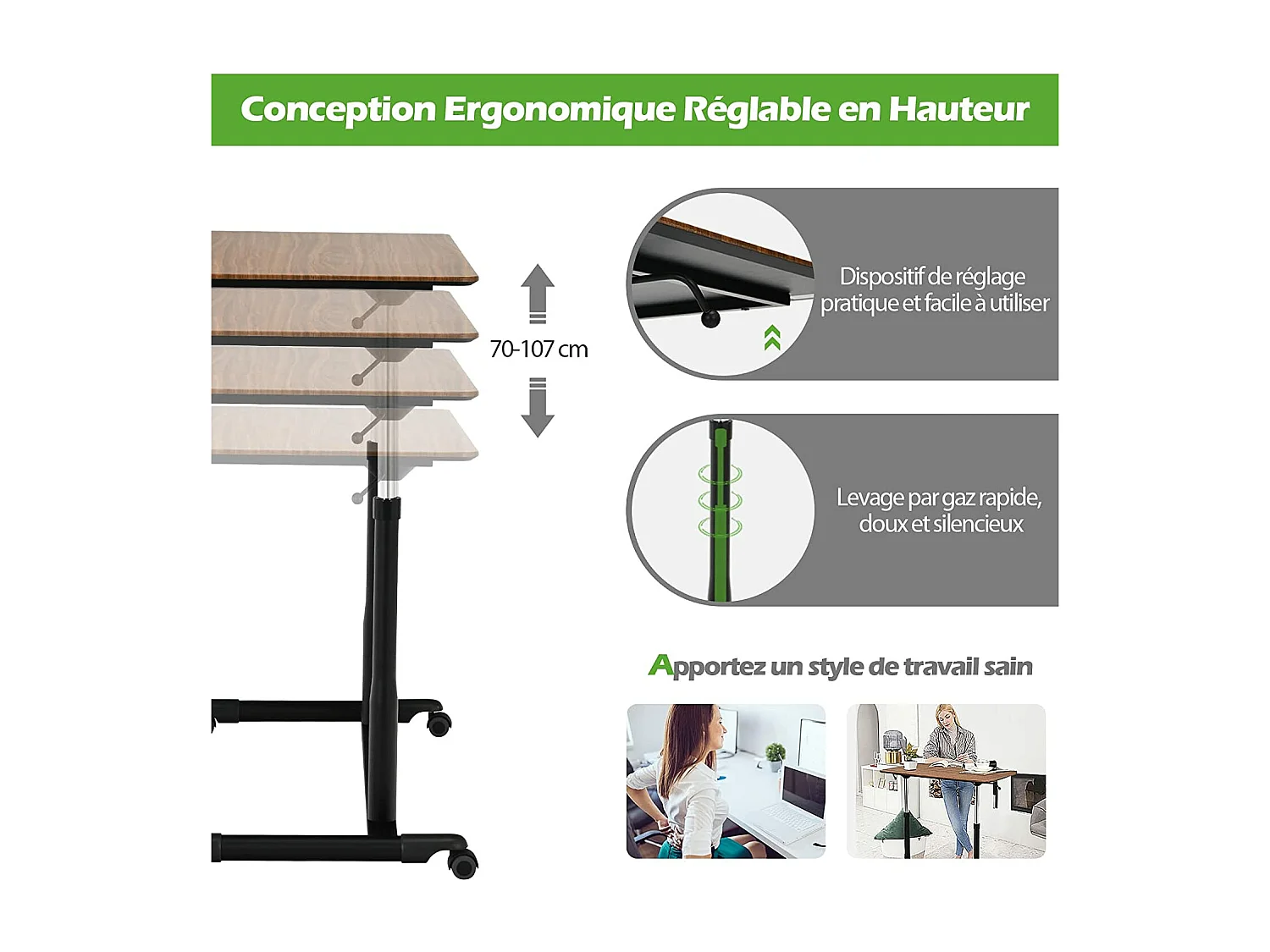 Bureau Assis-Debout à Roulette avec Hauteur Ajustable, Table d'Ordinateur avec Design Morderne, Table de Lit 95x52x70–107cm pour Bureau Chambre (Marron)