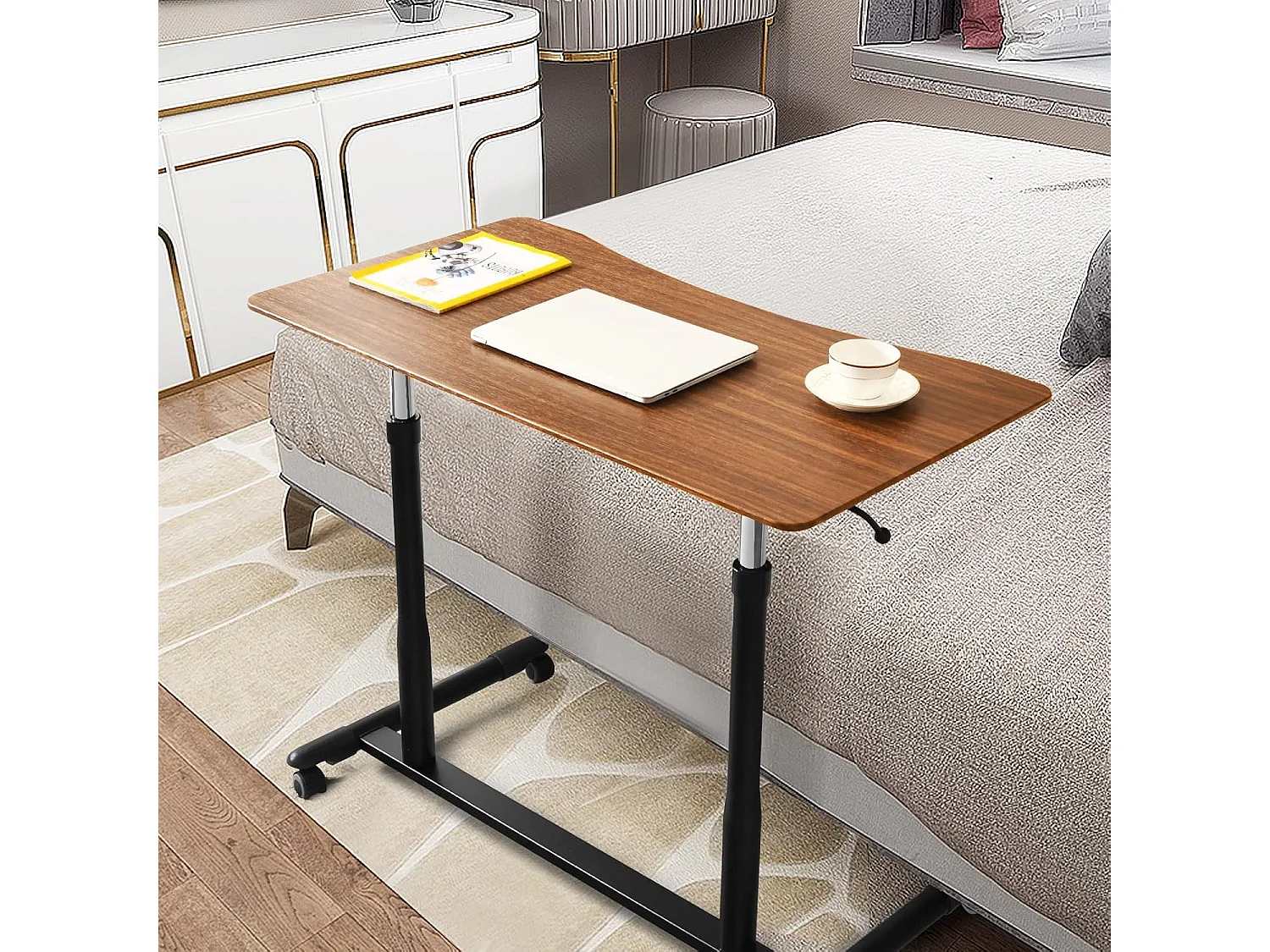 Bureau Assis-Debout à Roulette avec Hauteur Ajustable, Table d'Ordinateur avec Design Morderne, Table de Lit 95x52x70–107cm pour Bureau Chambre (Marron)