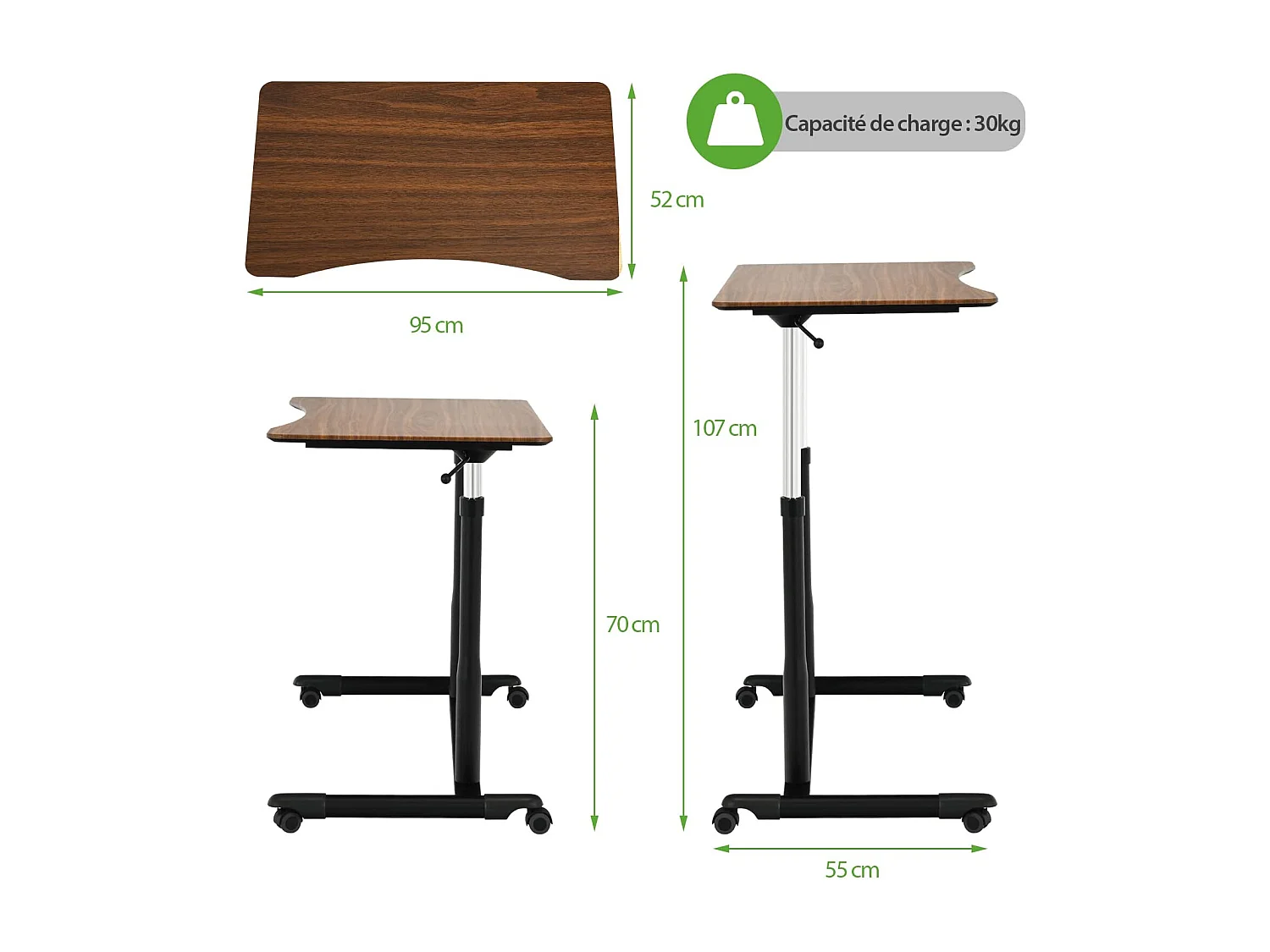 Bureau Assis-Debout à Roulette avec Hauteur Ajustable, Table d'Ordinateur avec Design Morderne, Table de Lit 95x52x70–107cm pour Bureau Chambre (Marron)
